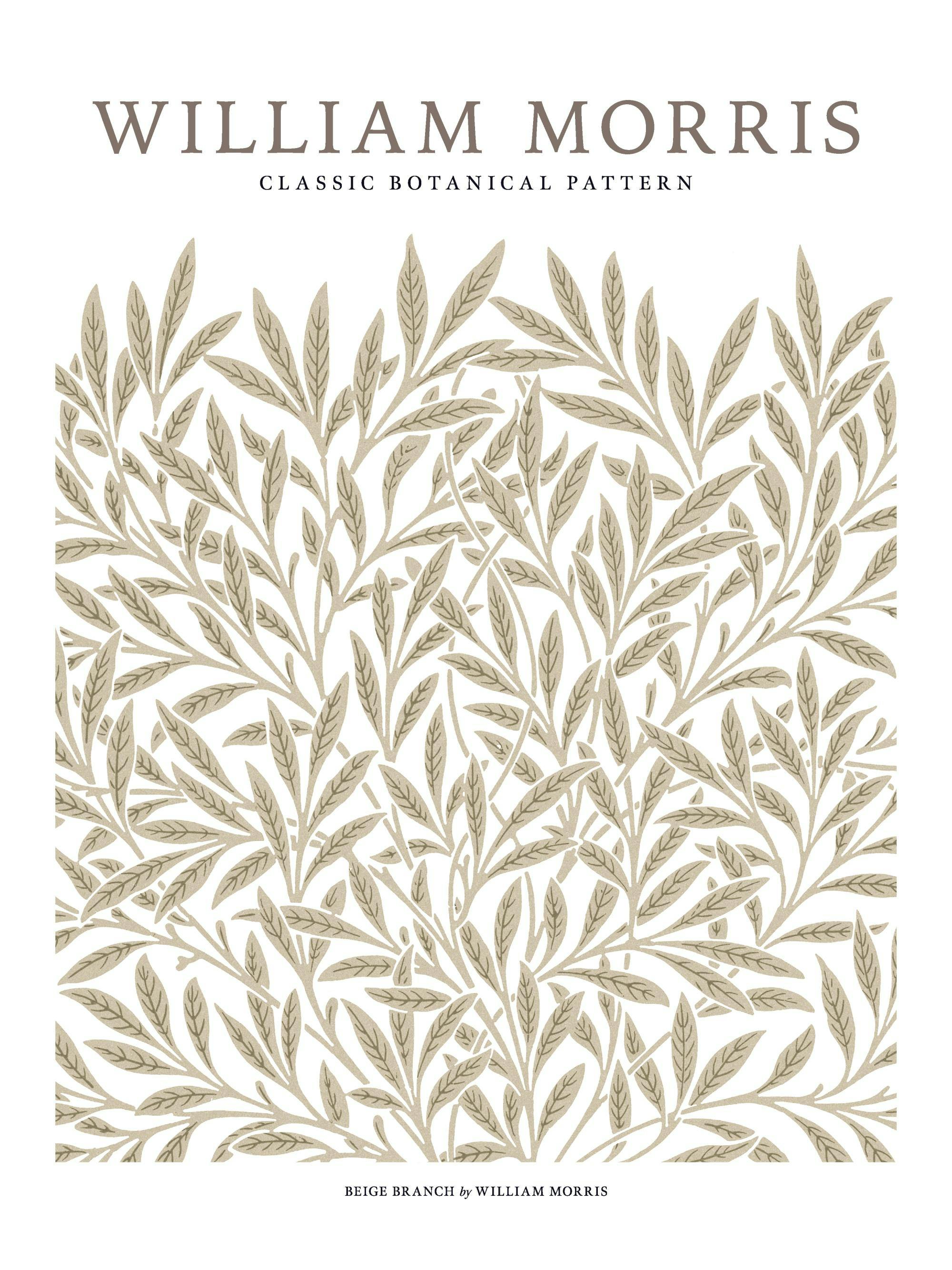 William Morris konstposter med beige grenar mot en vit bakgrund, botaniskt mönster.