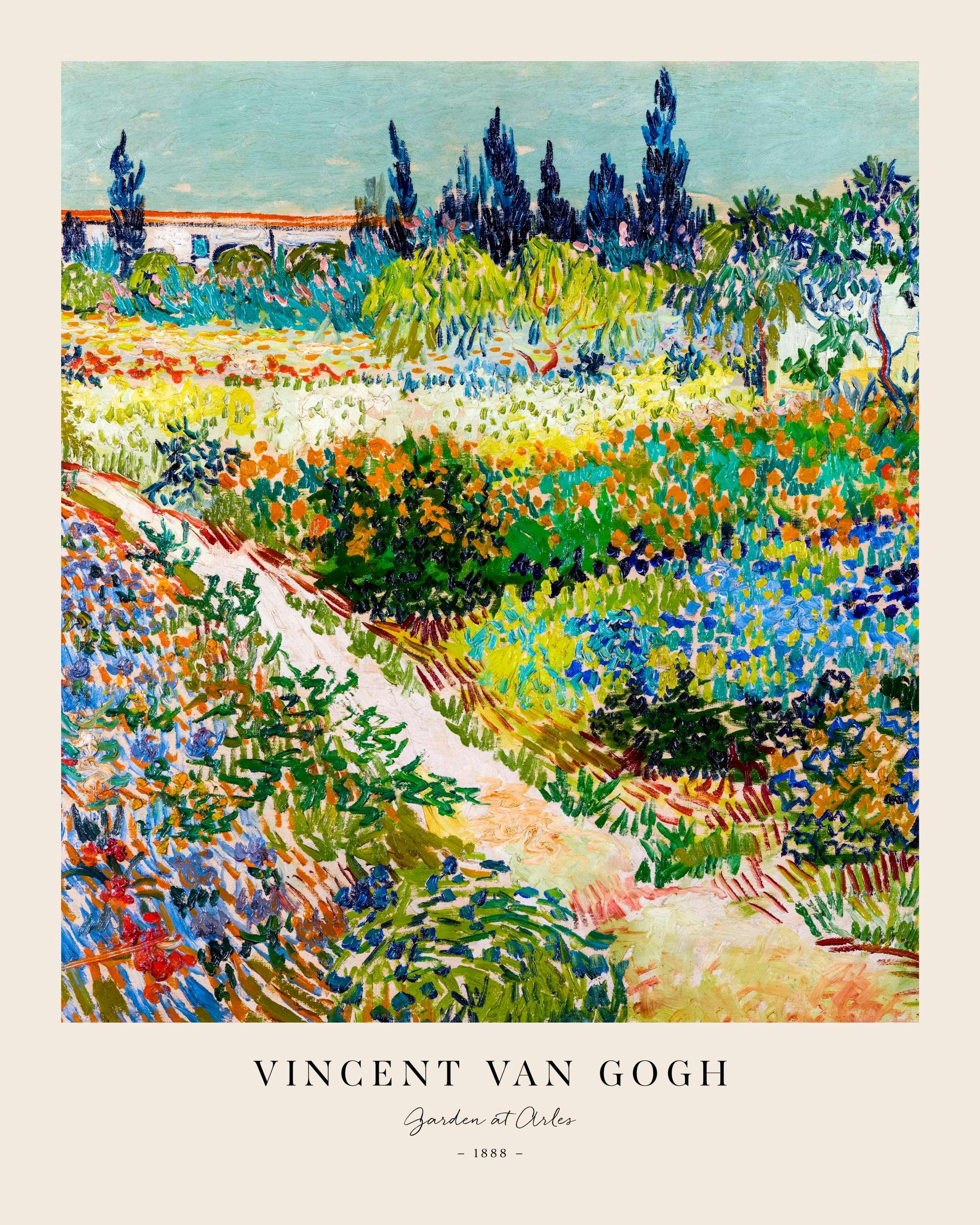Van Goghs Garden at Arles poster print, a colorful impasto landscape with a path and vibrant flowers.