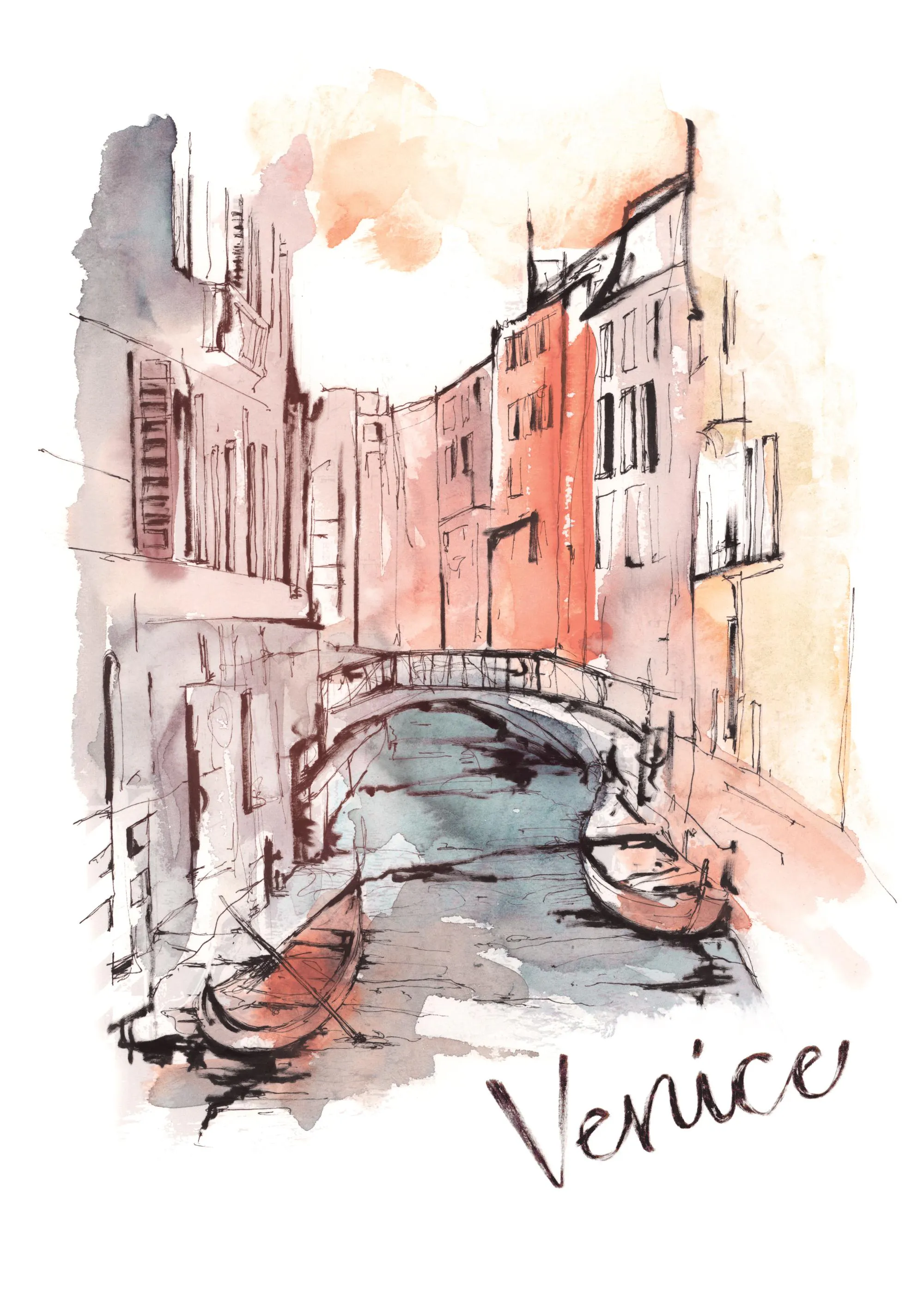Aquarelle-inspired Venice poster with canal, bridge, boats, and historic Italian buildings in warm watercolor hues.
