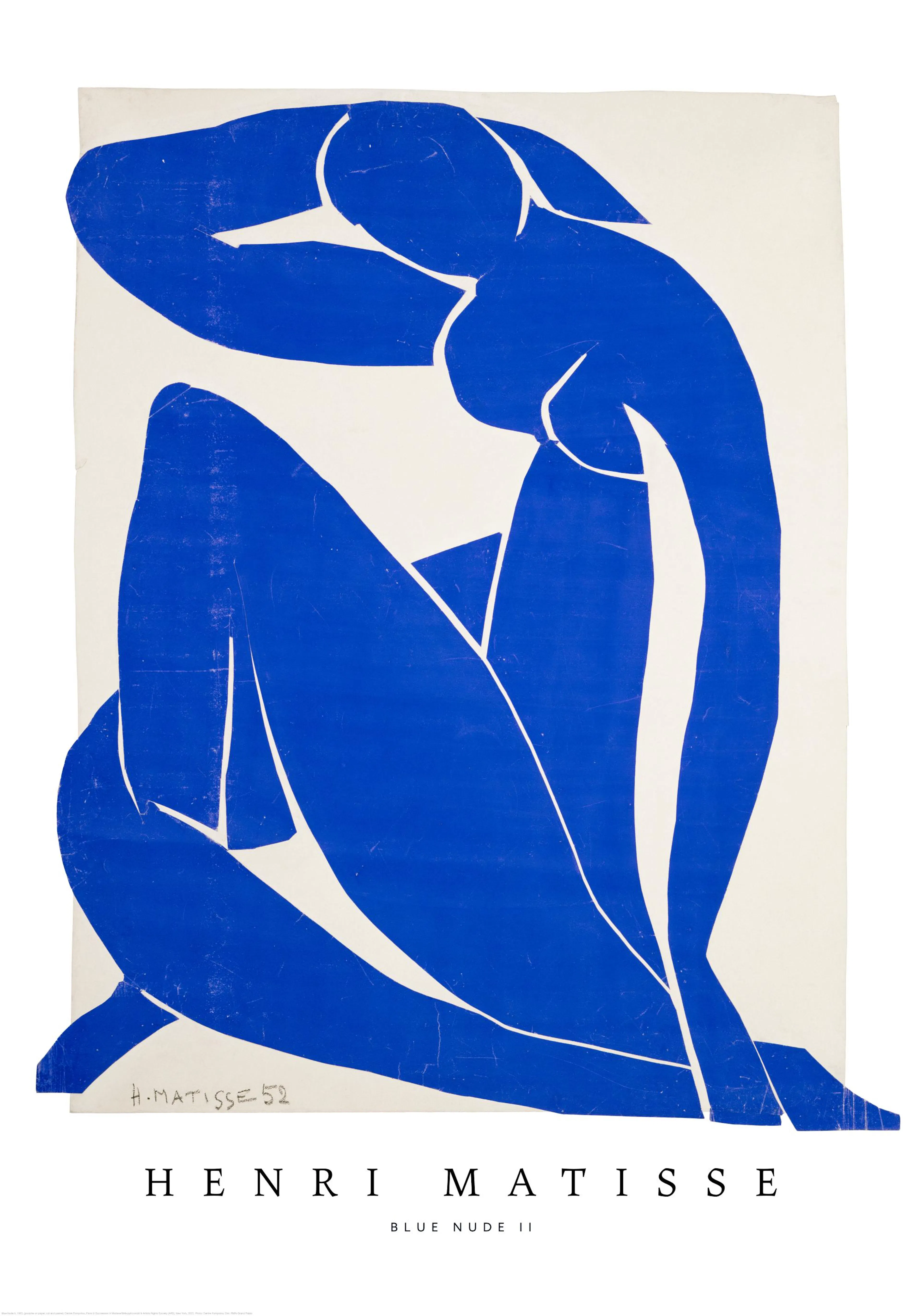 Matisse Blue Nude II print, a seated blue female figure on a white background, Henri Matisse poster.
