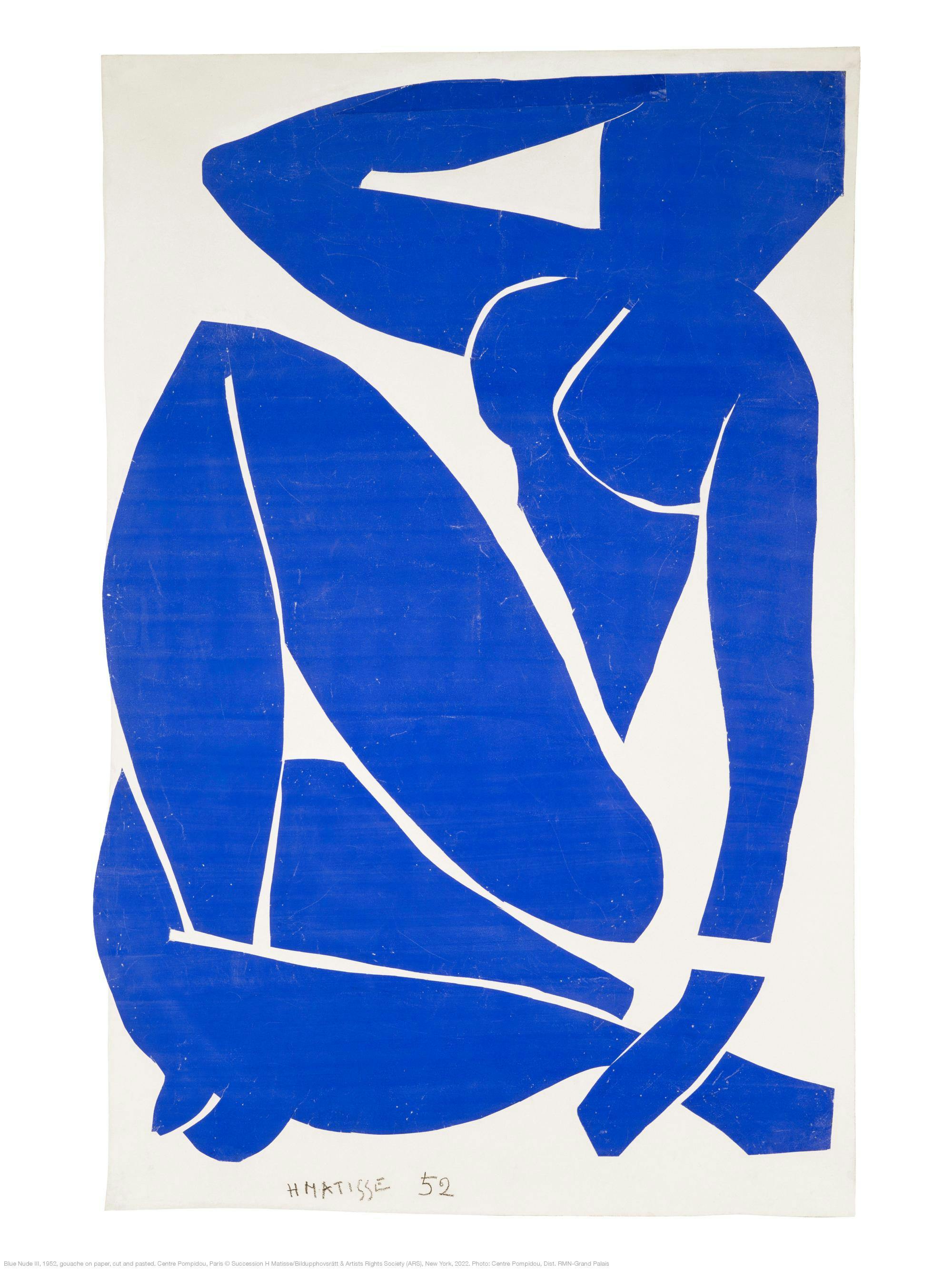 Henri Matisse Blue Nude III print, a seated female figure in blue cutouts on a white background