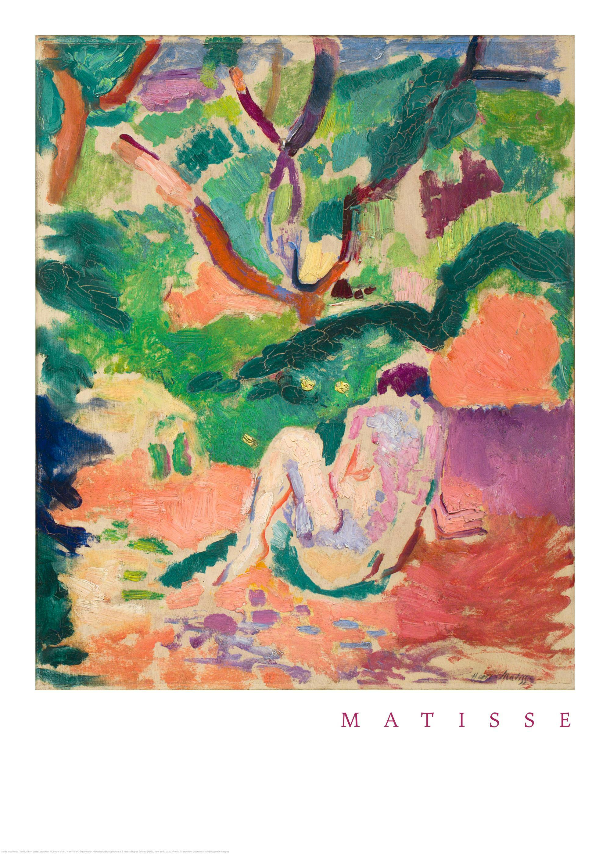 Matisse Naken i en skog, en kvinna i ett frodigt skogslandskap. Tavlan har livfulla färger som grön, röd och lila.