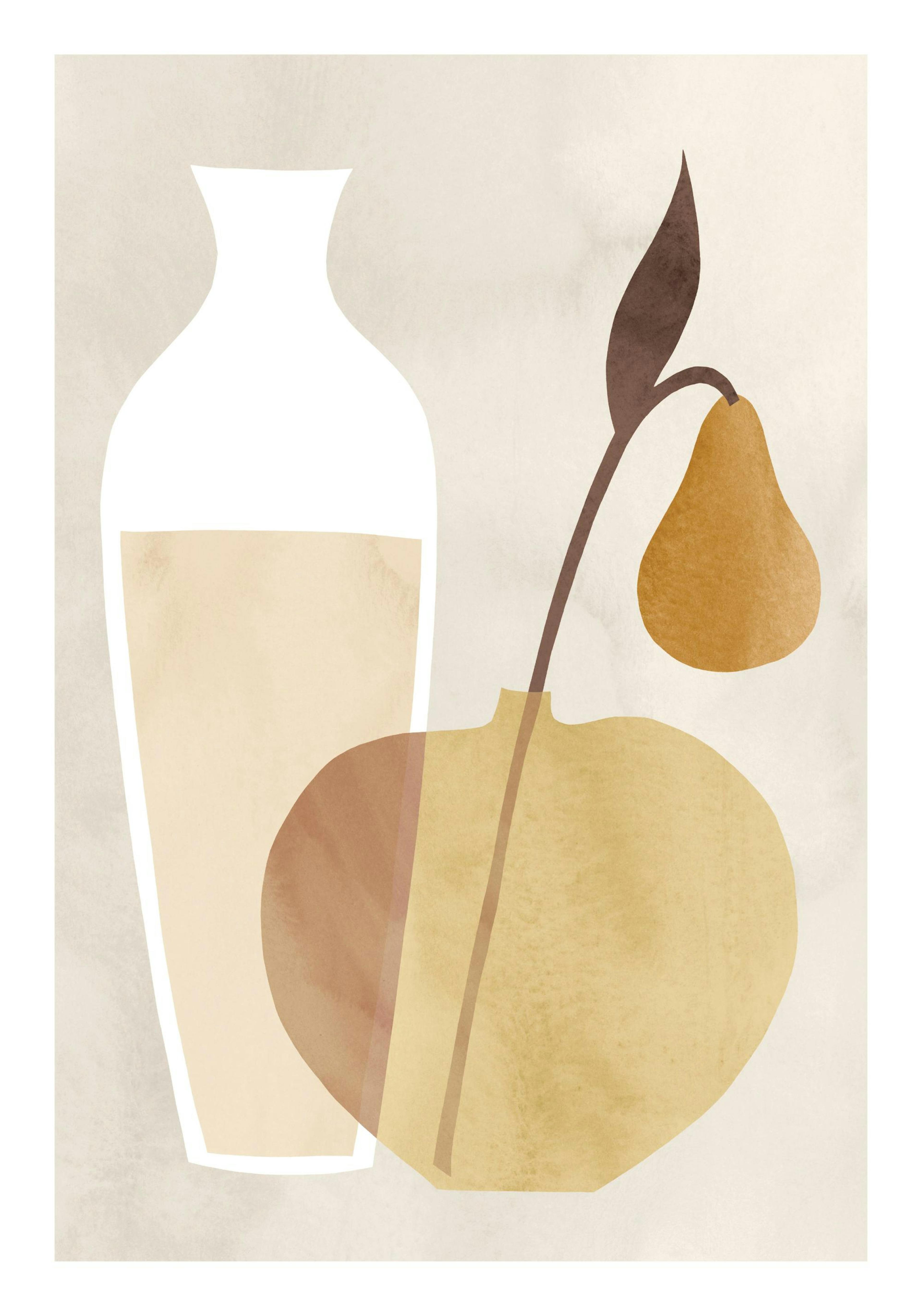 Graphic pear and vase illustration print on a beige background, with a muted color scheme. Modern poster design.