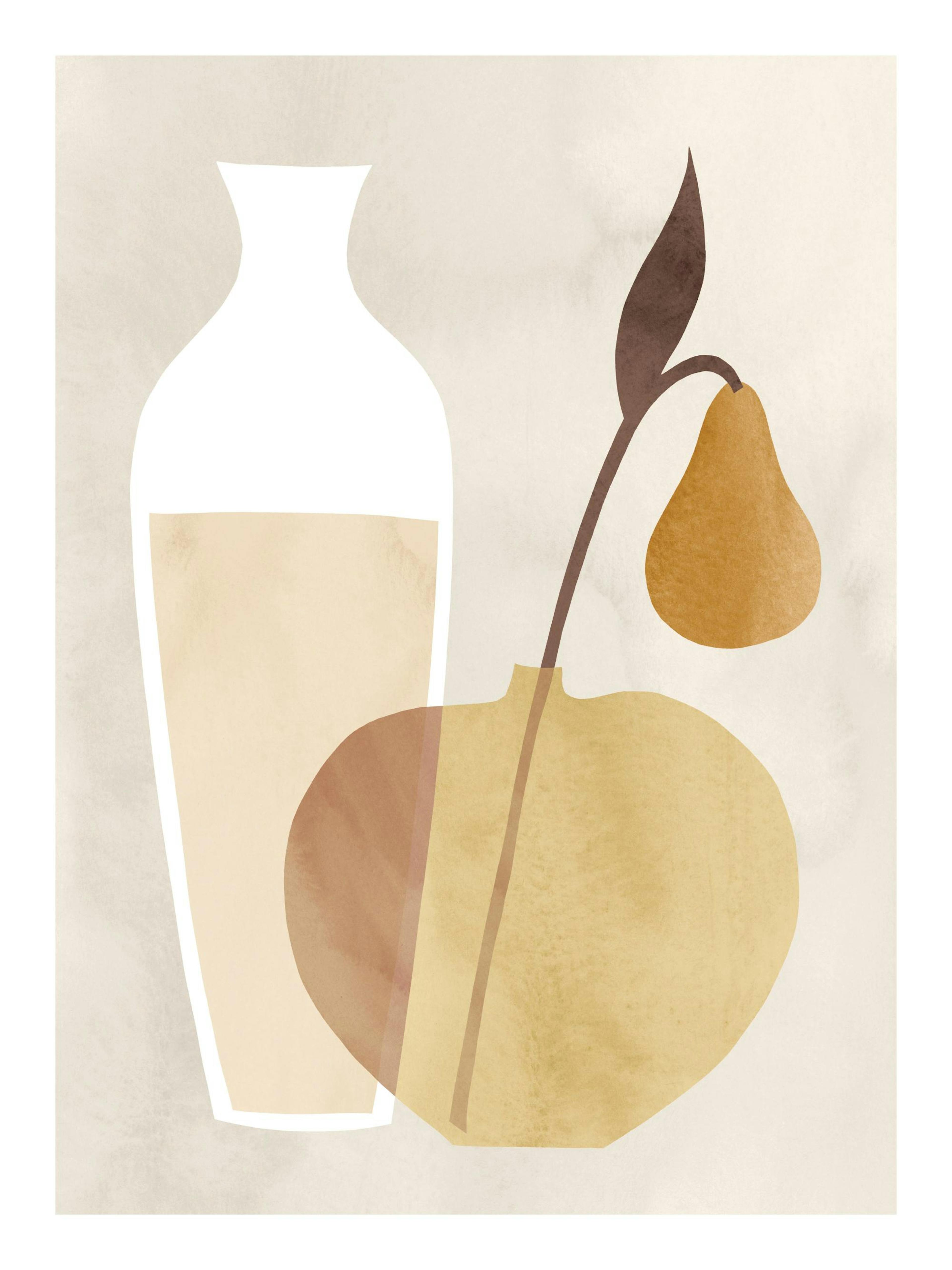 Póster de ilustración abstracta con jarrón blanco y pera en tonos beige y marrones, estilo moderno.