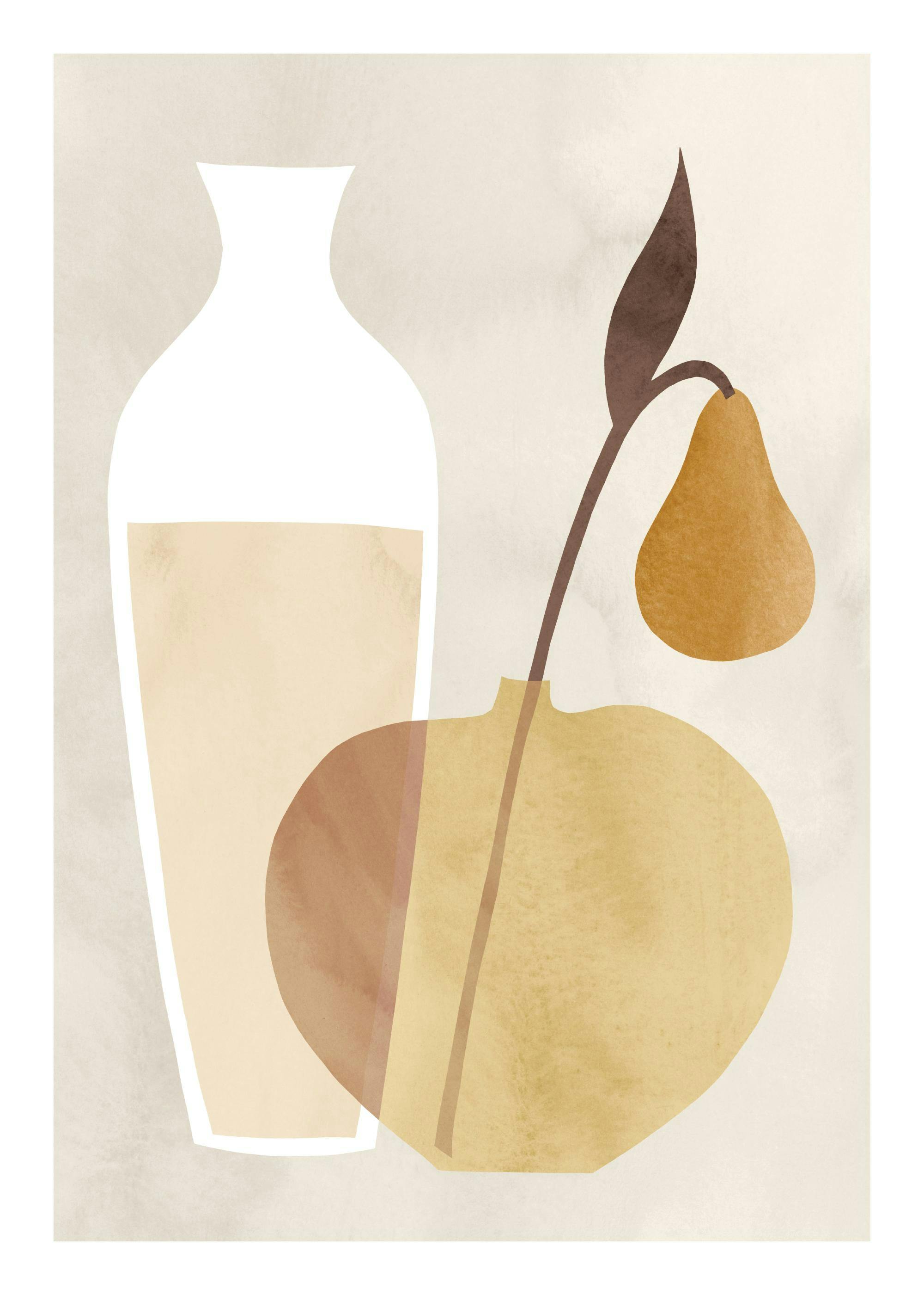 Ilustración de jarrón blanco y jarrón de pera abstracto sobre fondo beige. Arte moderno de tonos tenues.