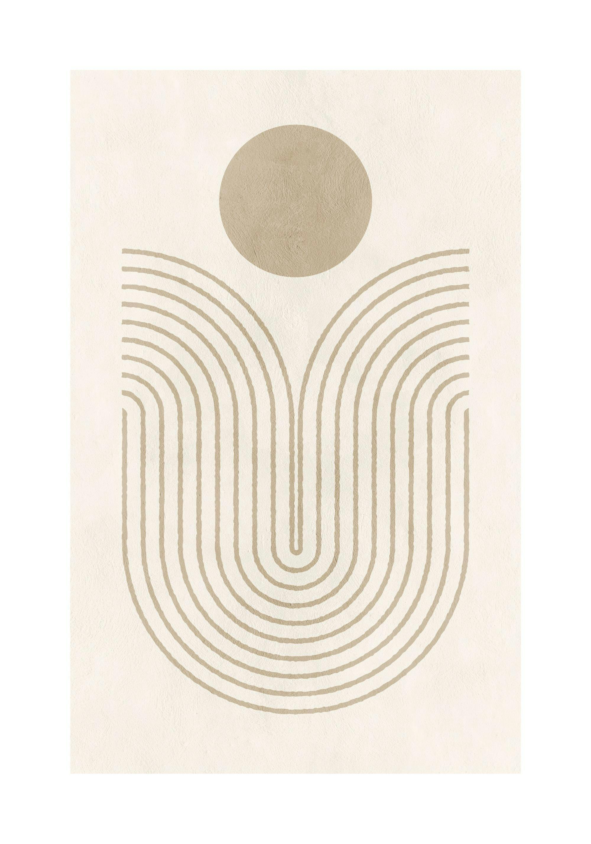 Póster de formas gráficas: un círculo beige sobre líneas curvas en tono arena, creando una composición geométrica suave.