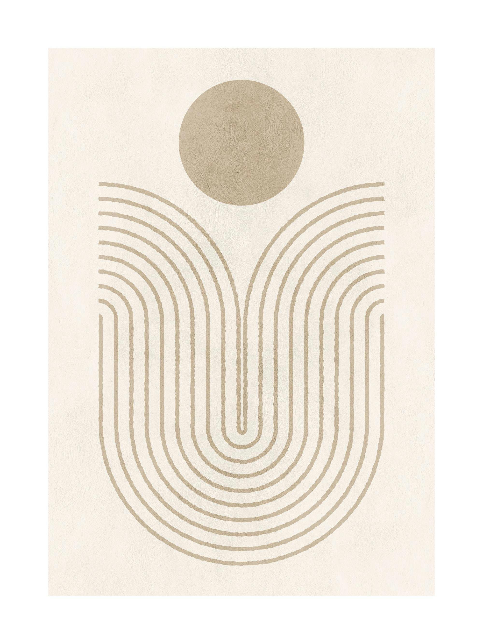 Grafisk poster med beige bågar och en cirkel på en ljus bakgrund, elegant linjekonst.