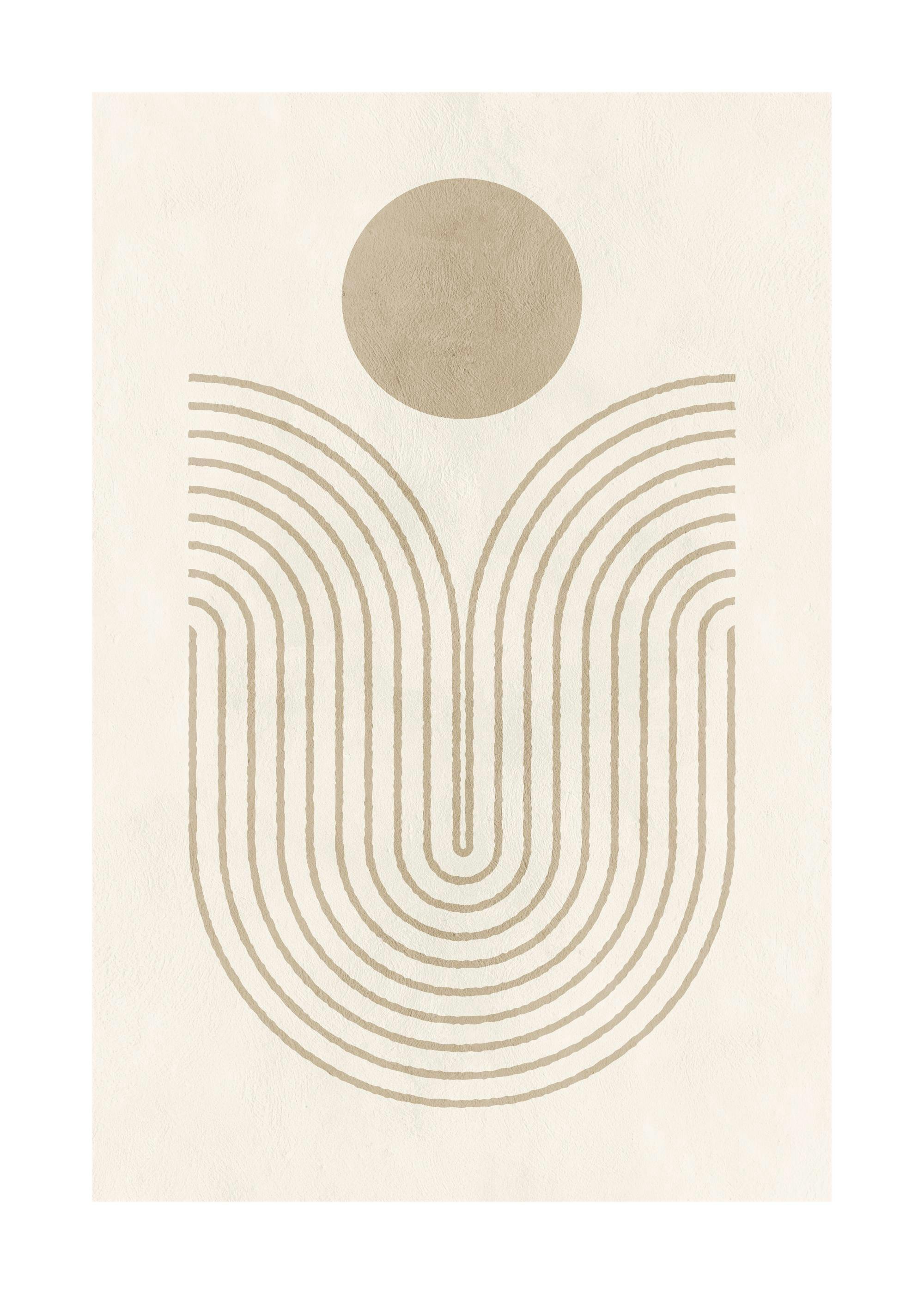 Graphic Shapes and Curves No1 print with a beige background, a brown circle, and brown curved lines