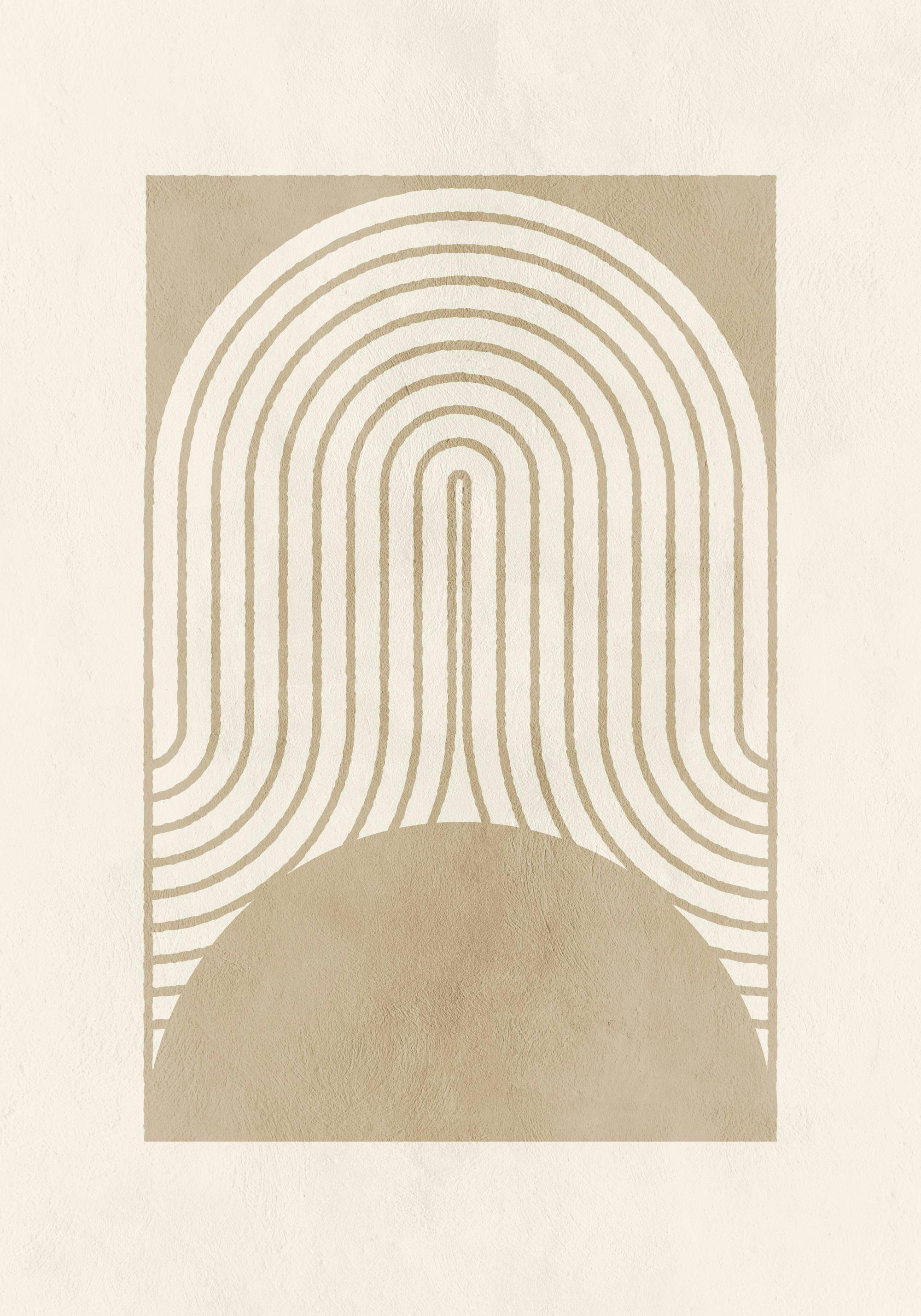 Affisch med beige grafiska former och symmetriska linjer. En kombination av en halvcirkel och valv i neutrala nyanser.