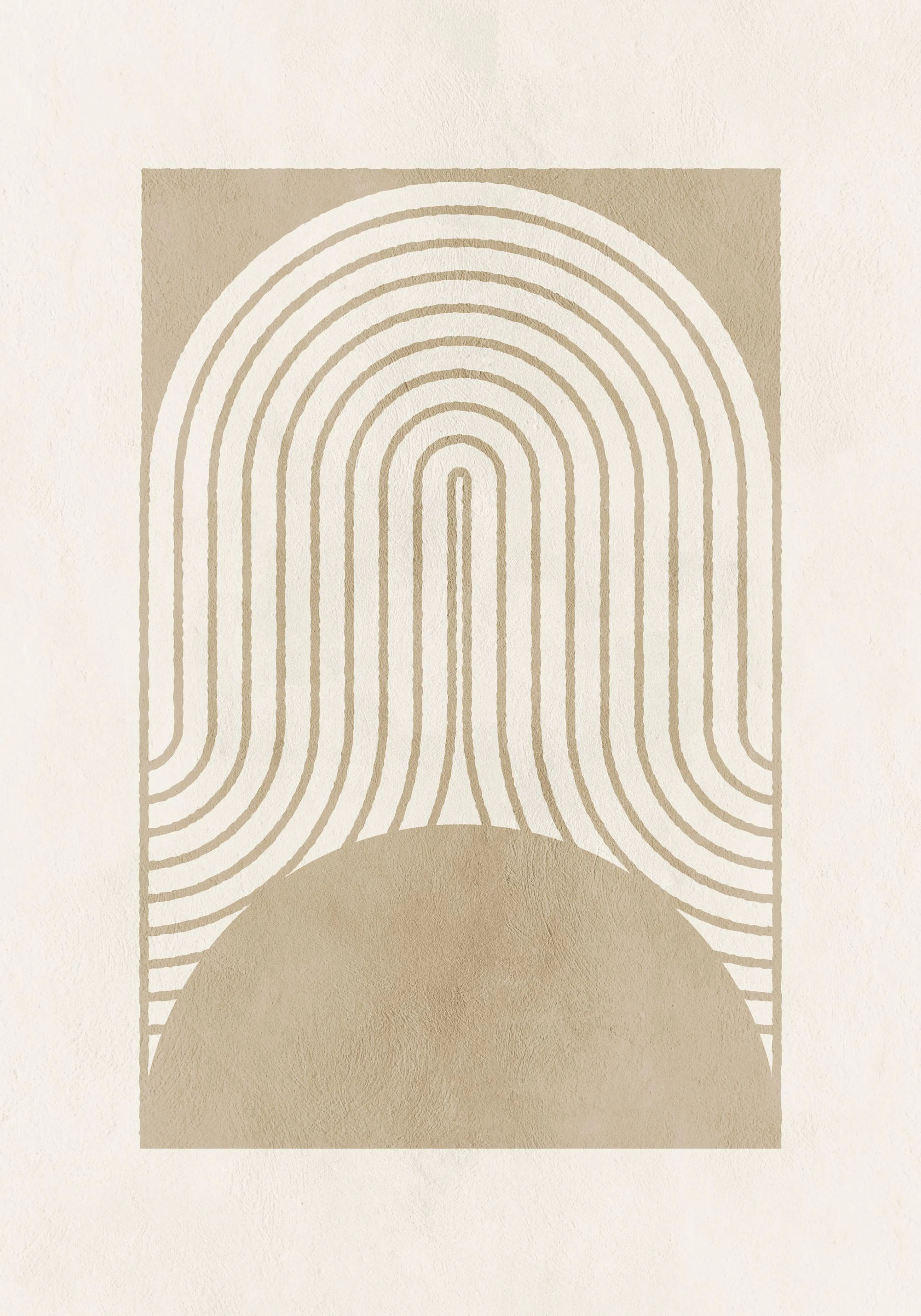 Poster grafico beige con forme e linee curve che creano un motivo simmetrico, con texture granulosa.