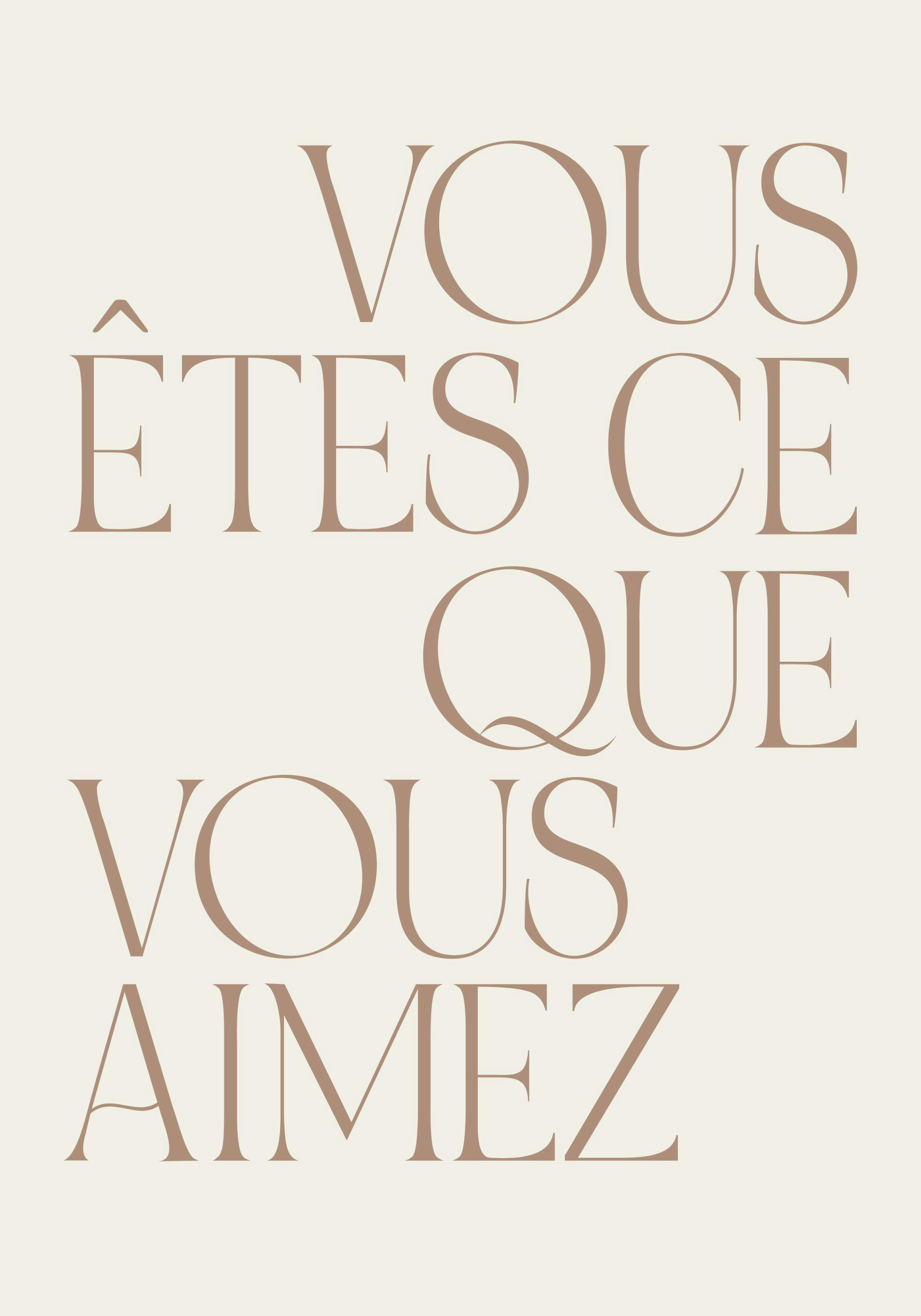 Typografiposter med brunt citat Vous êtes ce que vous aimez på ljusbeige bakgrund, fransk text.