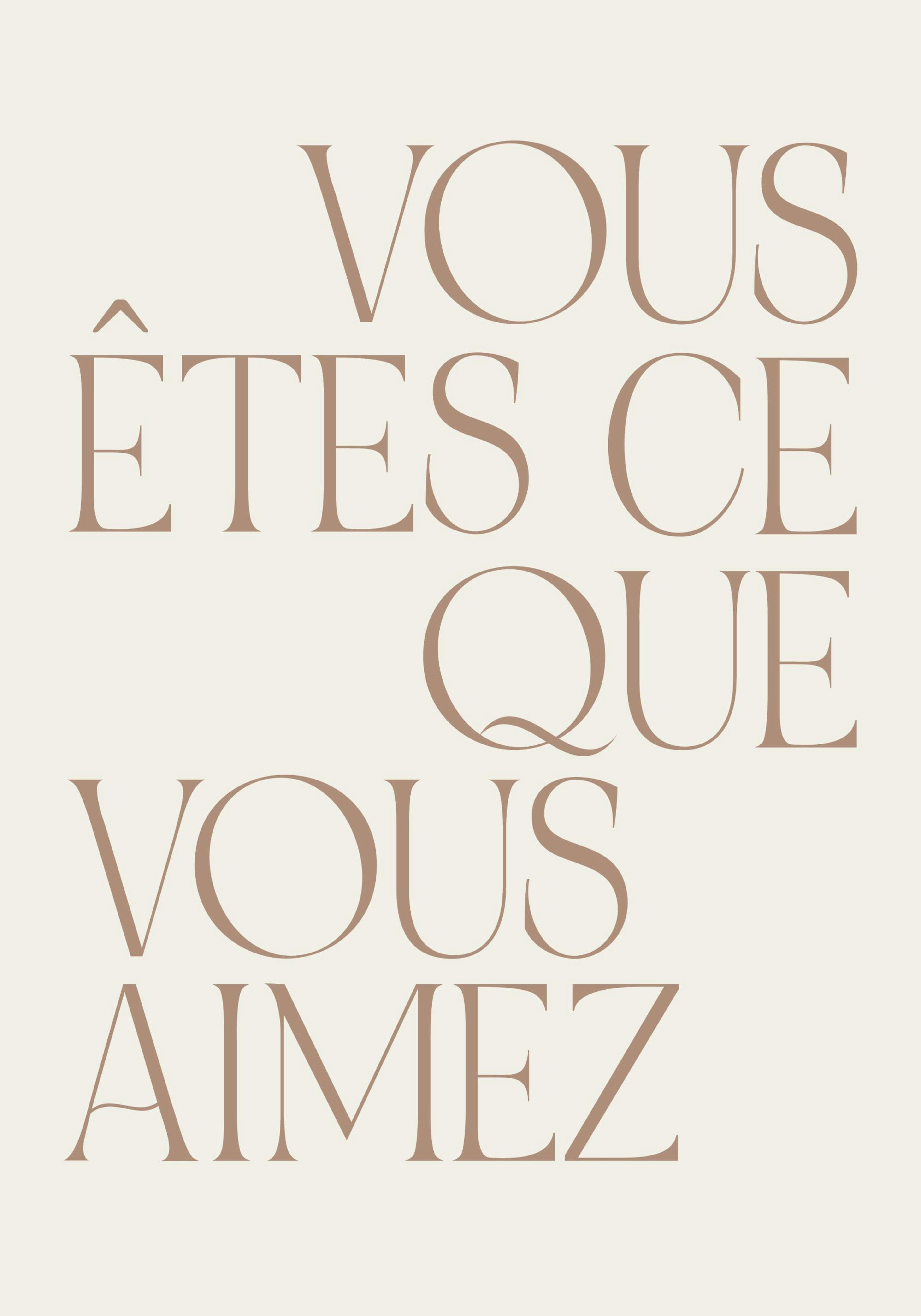 French quote typography poster with Vous êtes ce que vous aimez in light brown on a beige background.