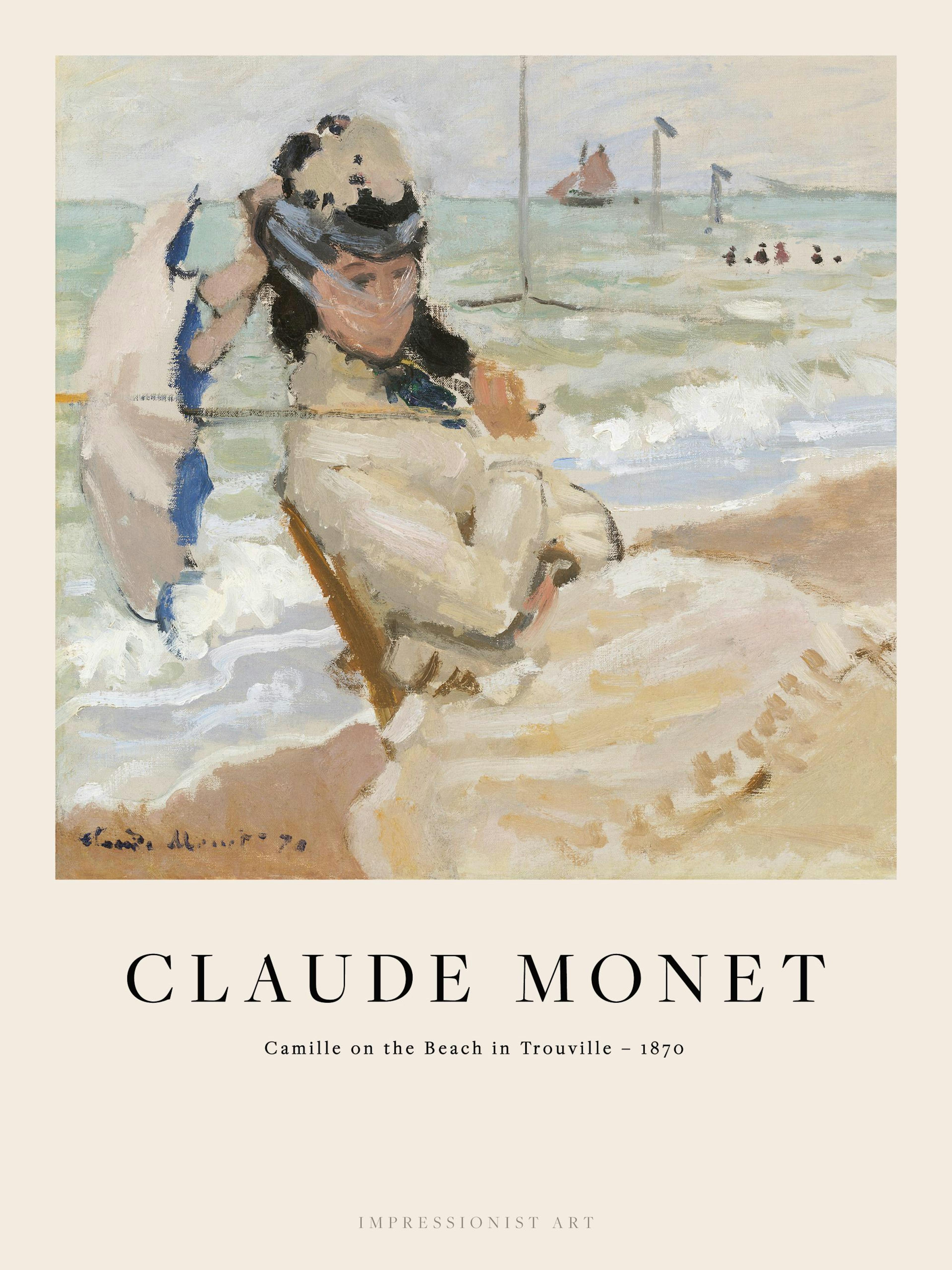 Claude Monets Camille on the Beach in Trouville oil painting, a classical art print of a woman on a beach.