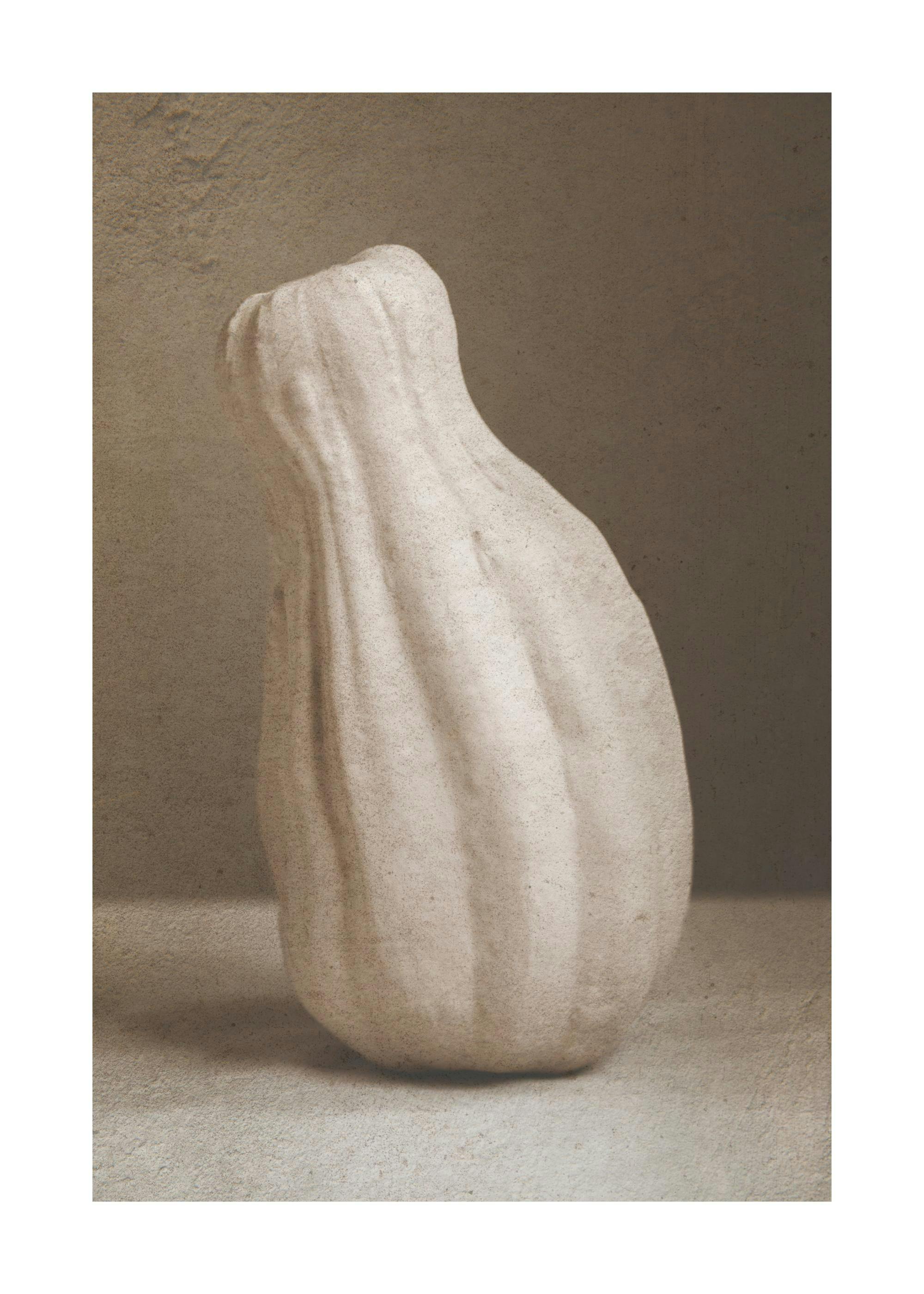 Beige pumpkin vase photo print with a grainy texture creating a muted, simple aesthetic.