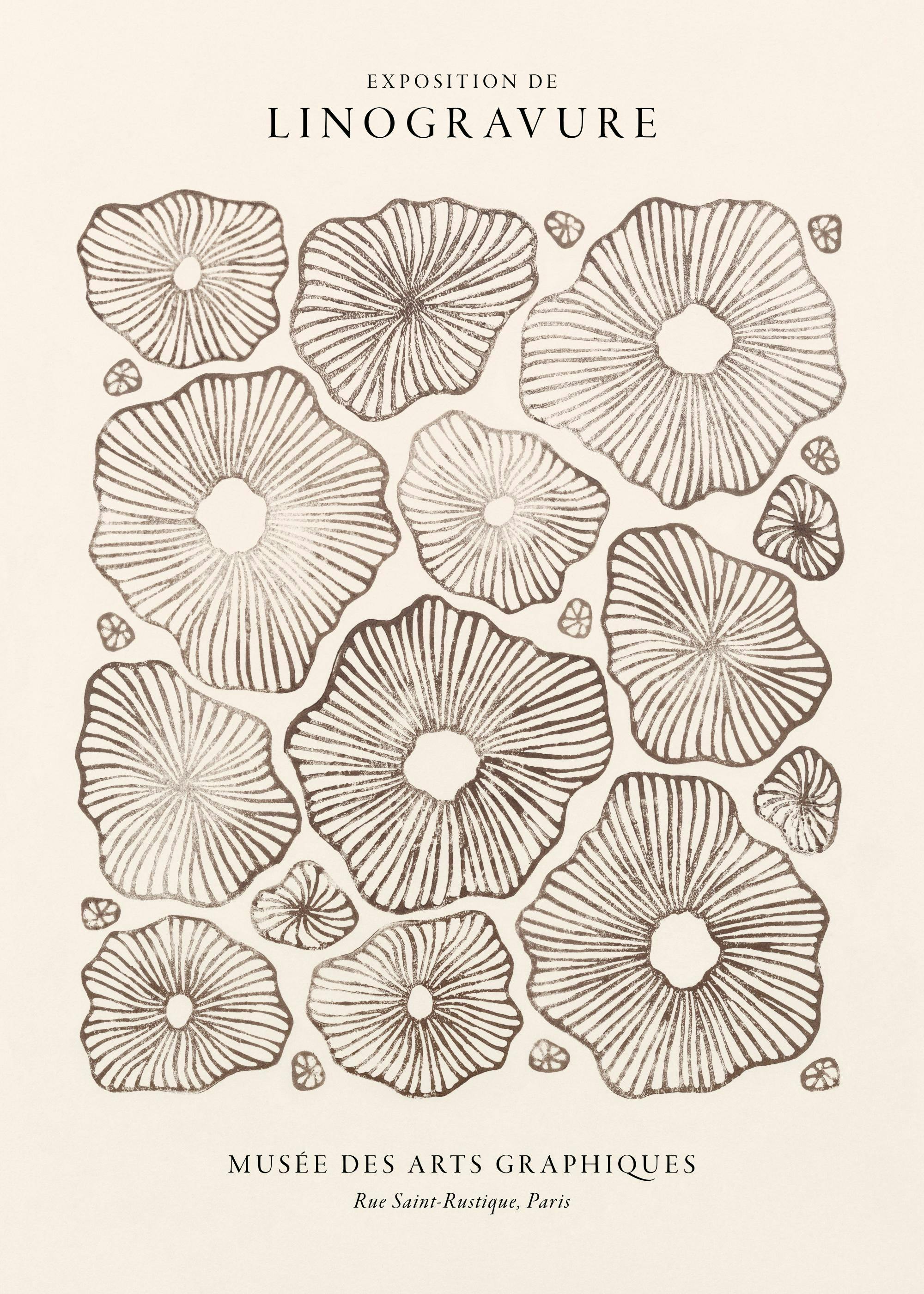 Linocut utstillingsplakat med beige og brune botaniske linocut-blomster i ulike størrelser og tekst