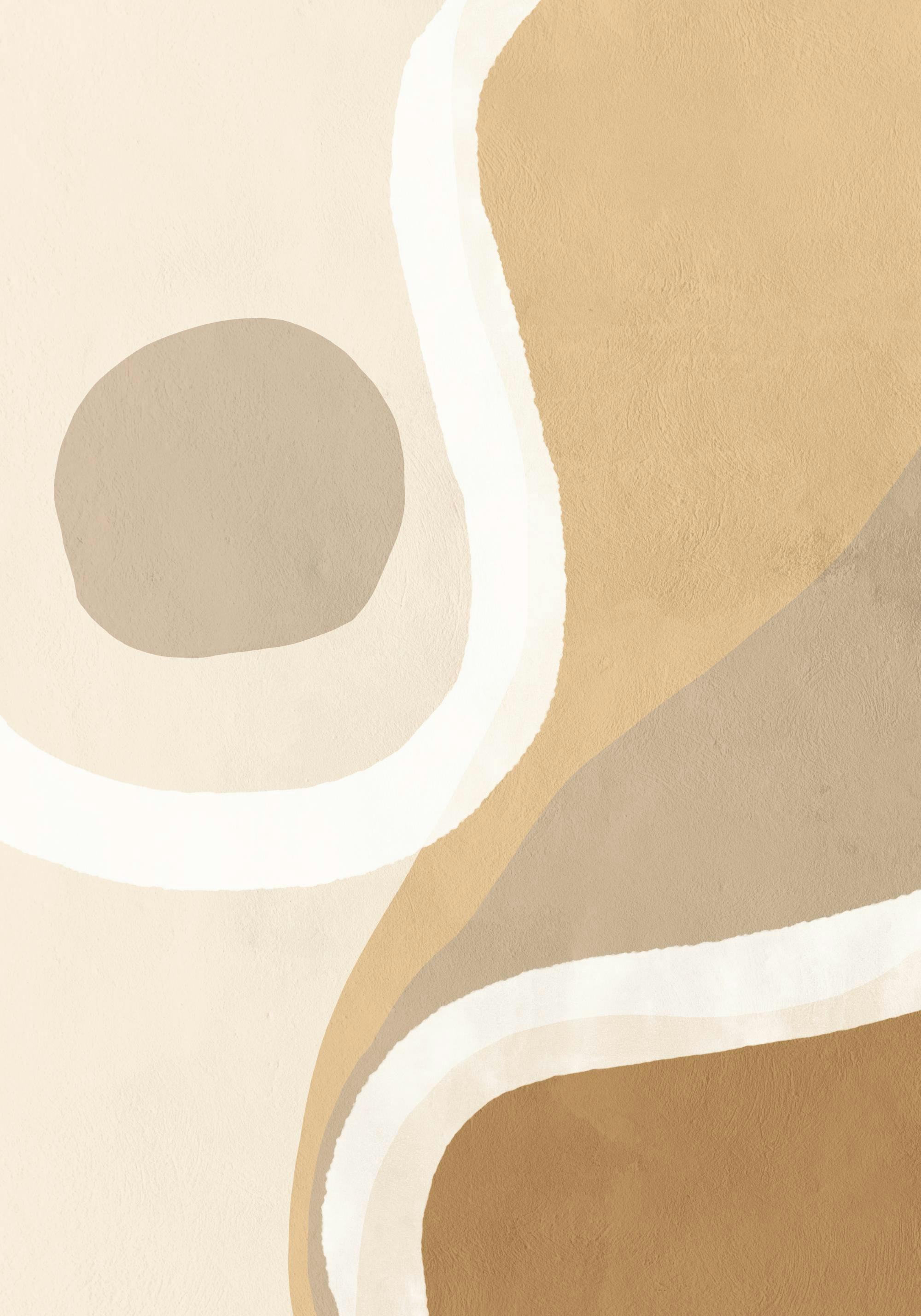 Póster de formas abstractas en tonos beige y marrón, con líneas y curvas suaves creando una composición minimalista.
