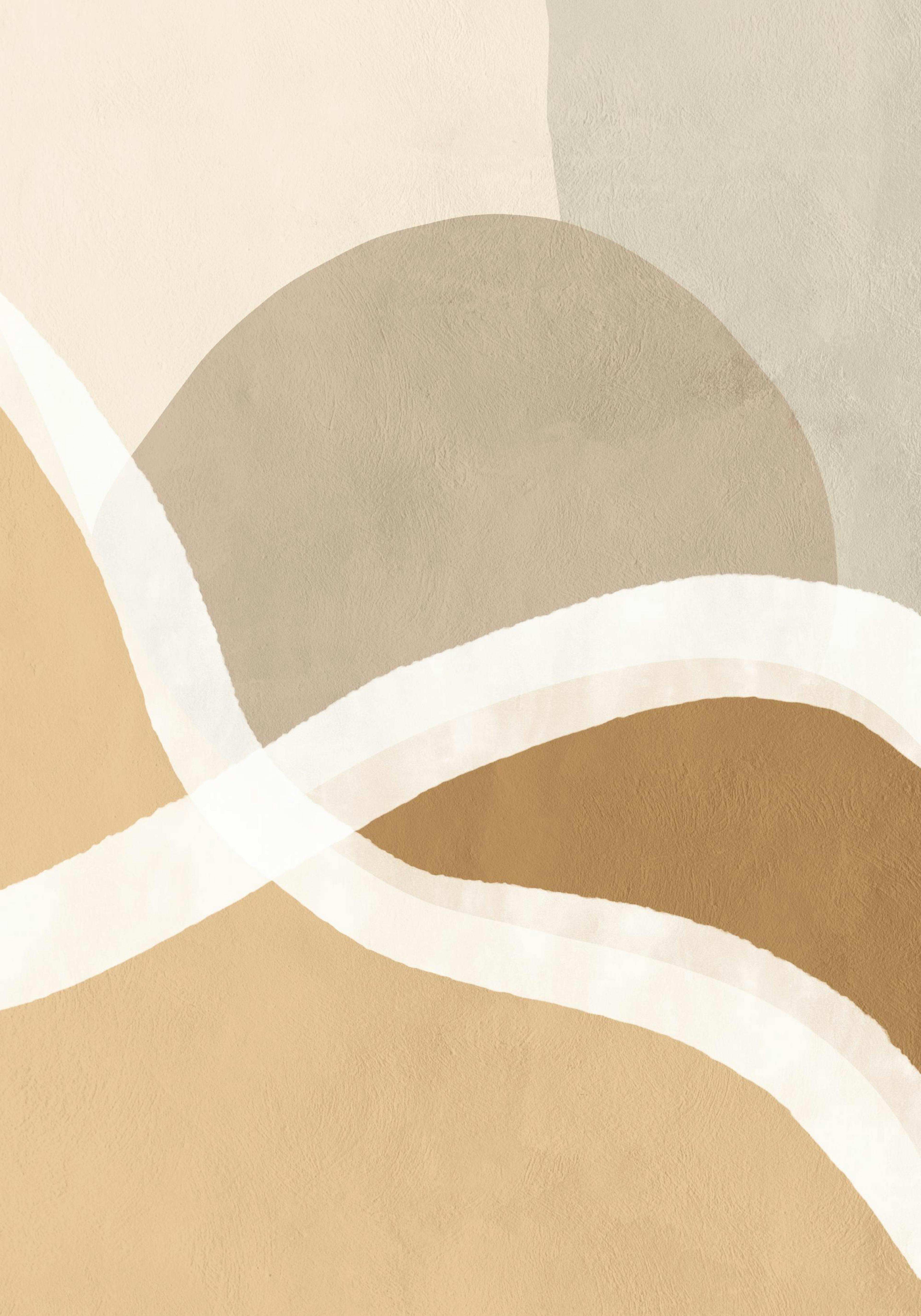 Abstract wavy lines print with beige, brown, and white shapes. Modern poster art.