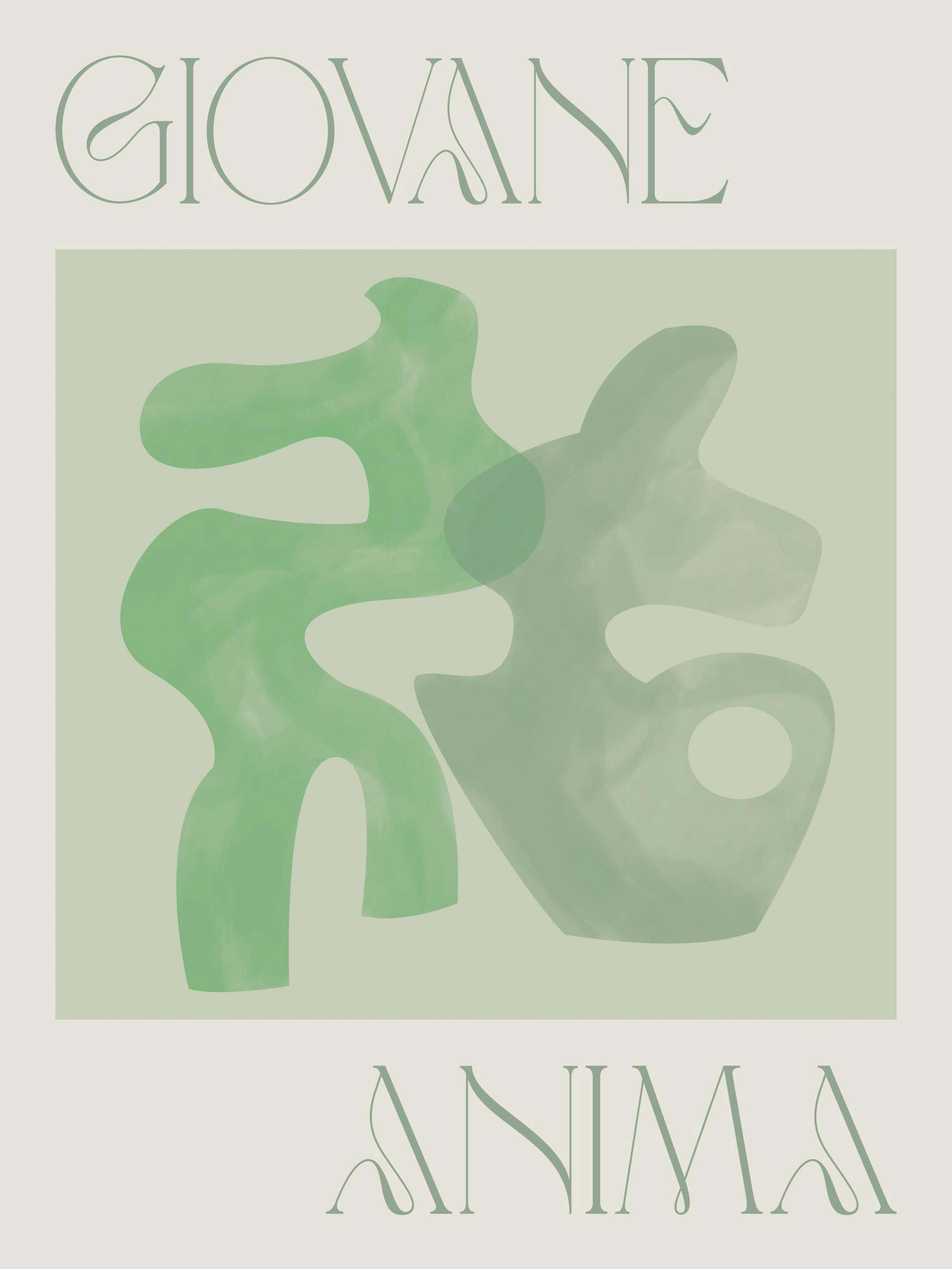Póster abstracto de formas orgánicas superpuestas en tonos de verde, con texto Giovane Anima en tipografía moderna.