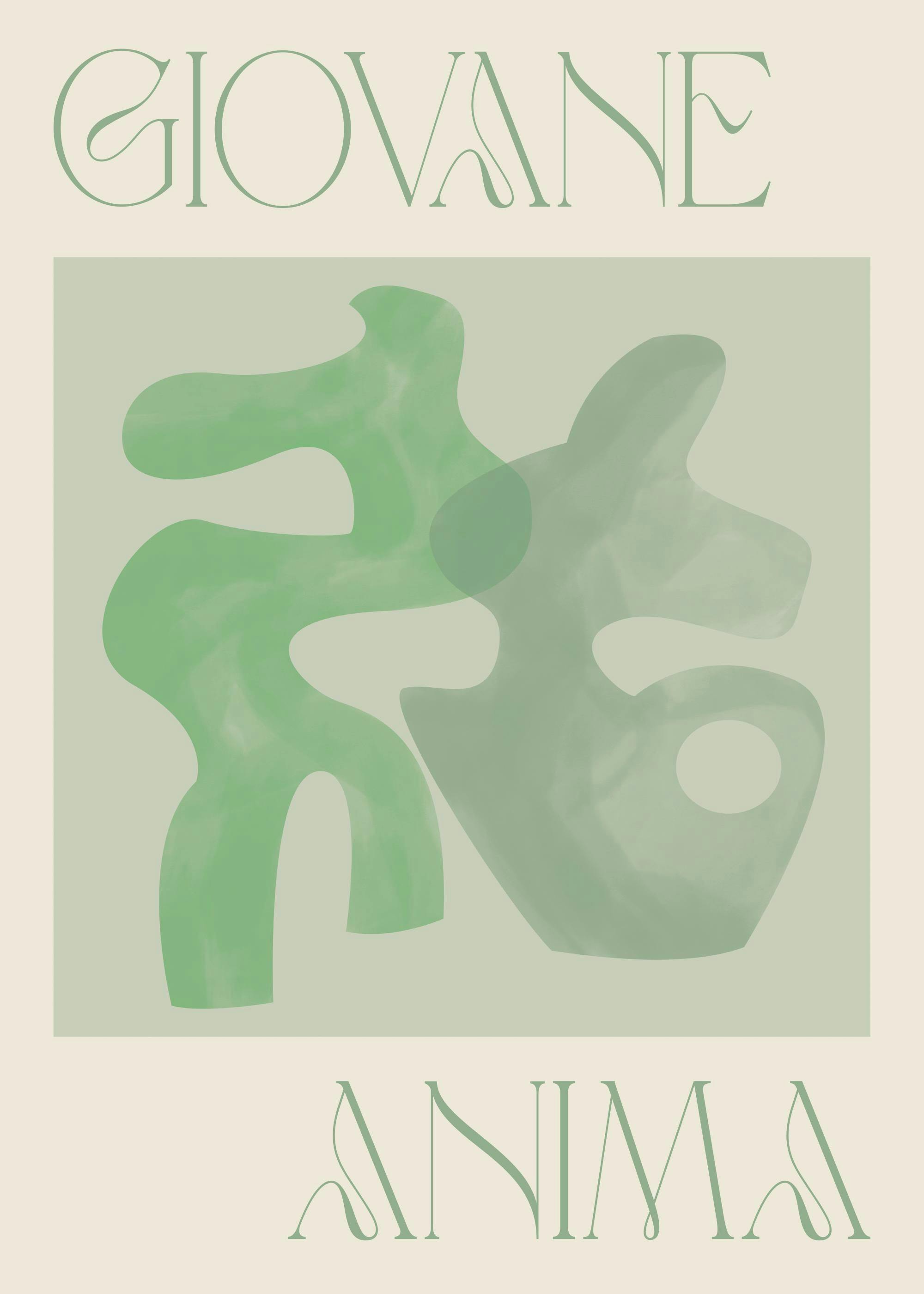 Poster tipografico con forme astratte verdi e testo Giovane Anima su sfondo chiaro.