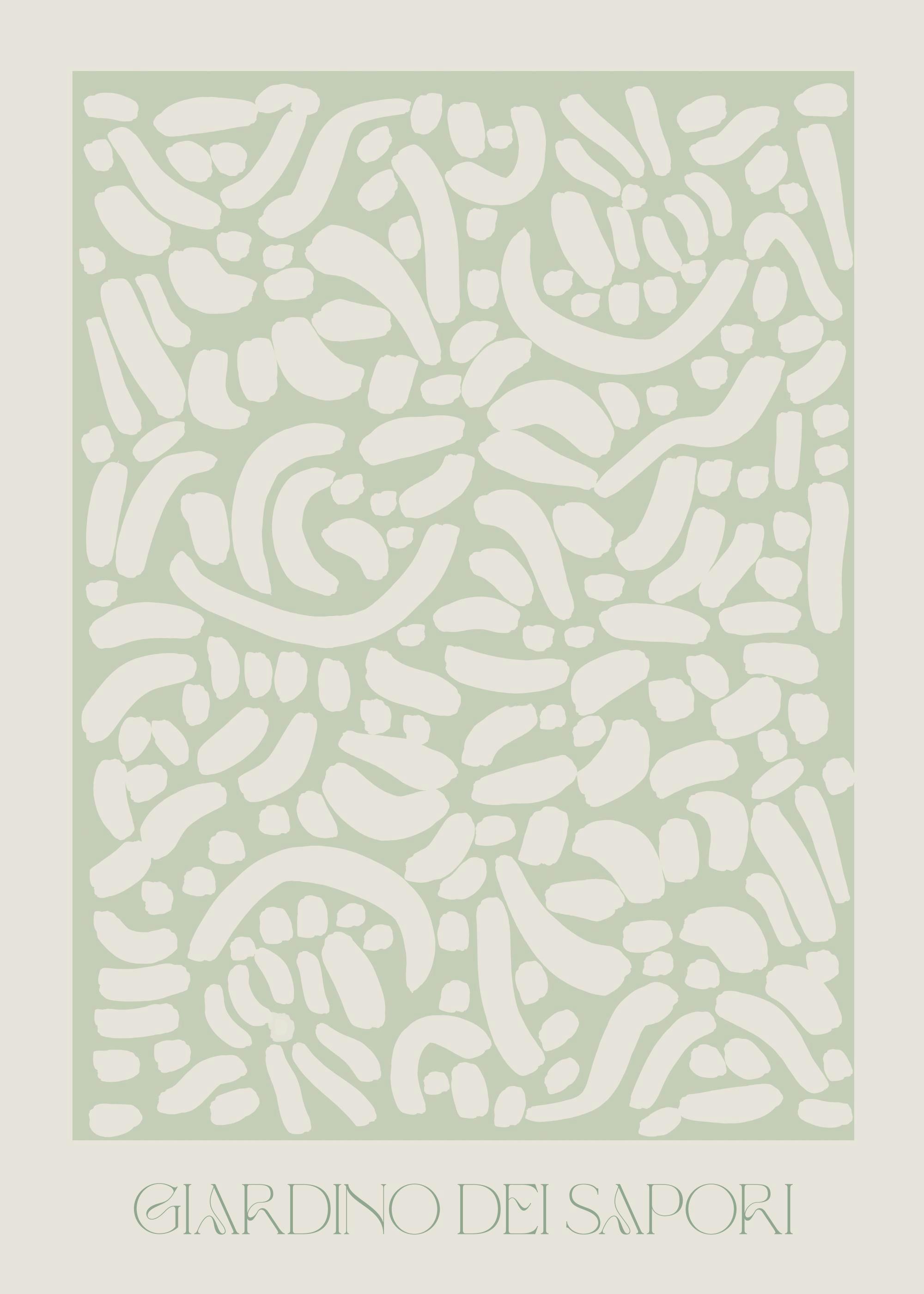 Il Giardino Dei Sapori art print with light green abstract patterns on a beige background, stylish kitchen decor.