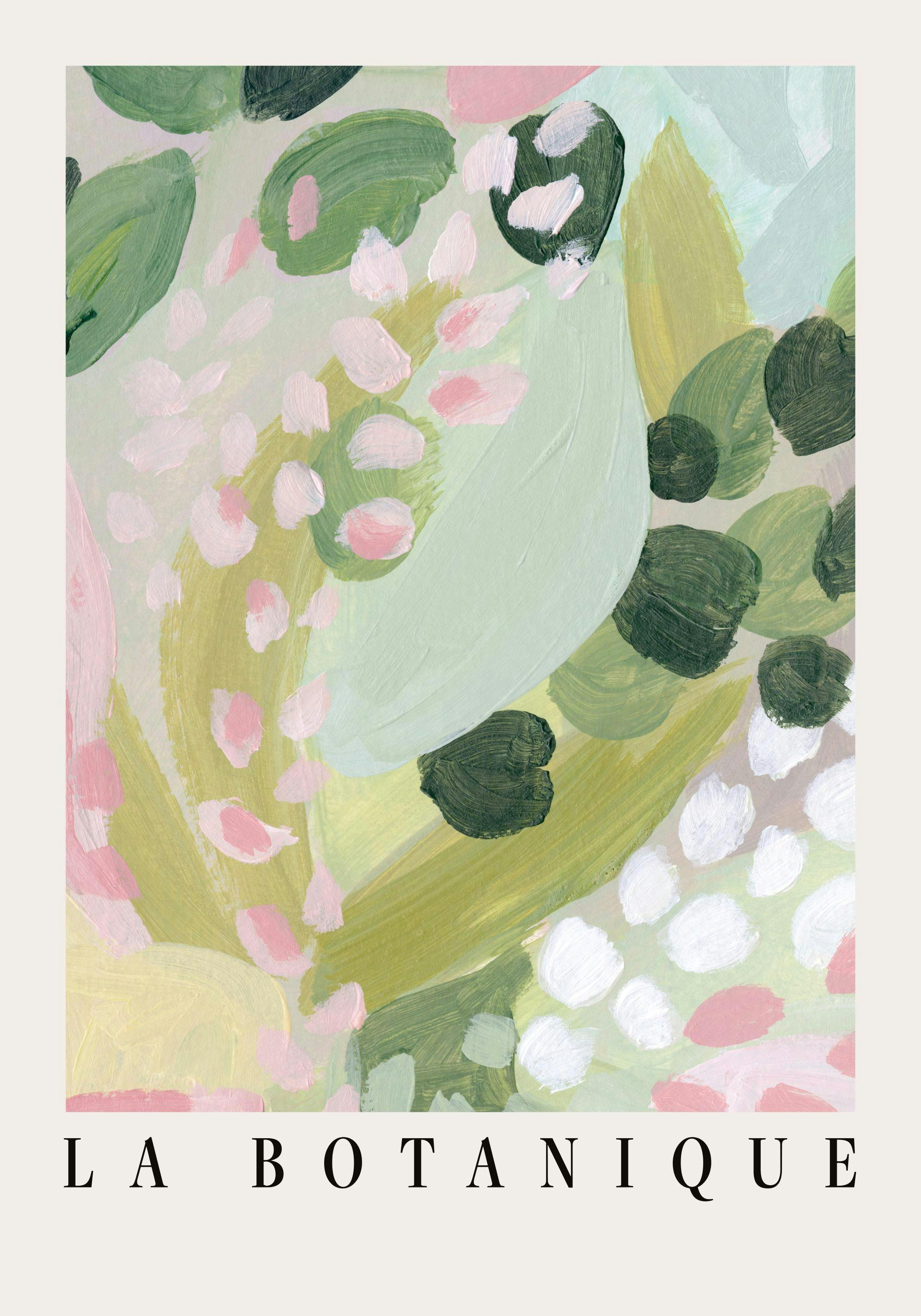 Botanisches Poster mit handgemalten Formen in Rosa, Grün und Weiß. La Botanique Text.