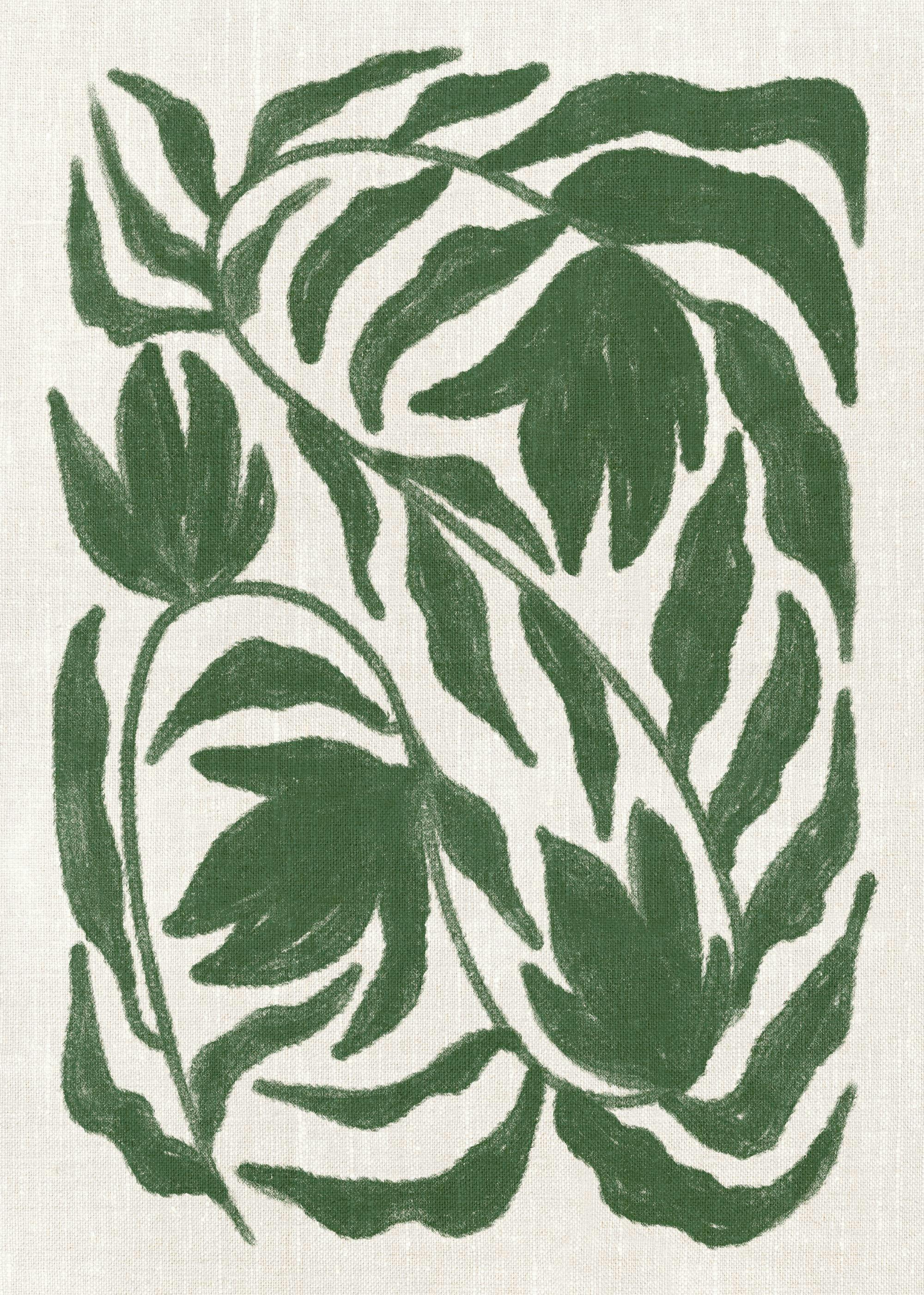 Green botanical illustration with swirling leaves and flowers on a linen-textured background, perfect for nature-inspired decor.