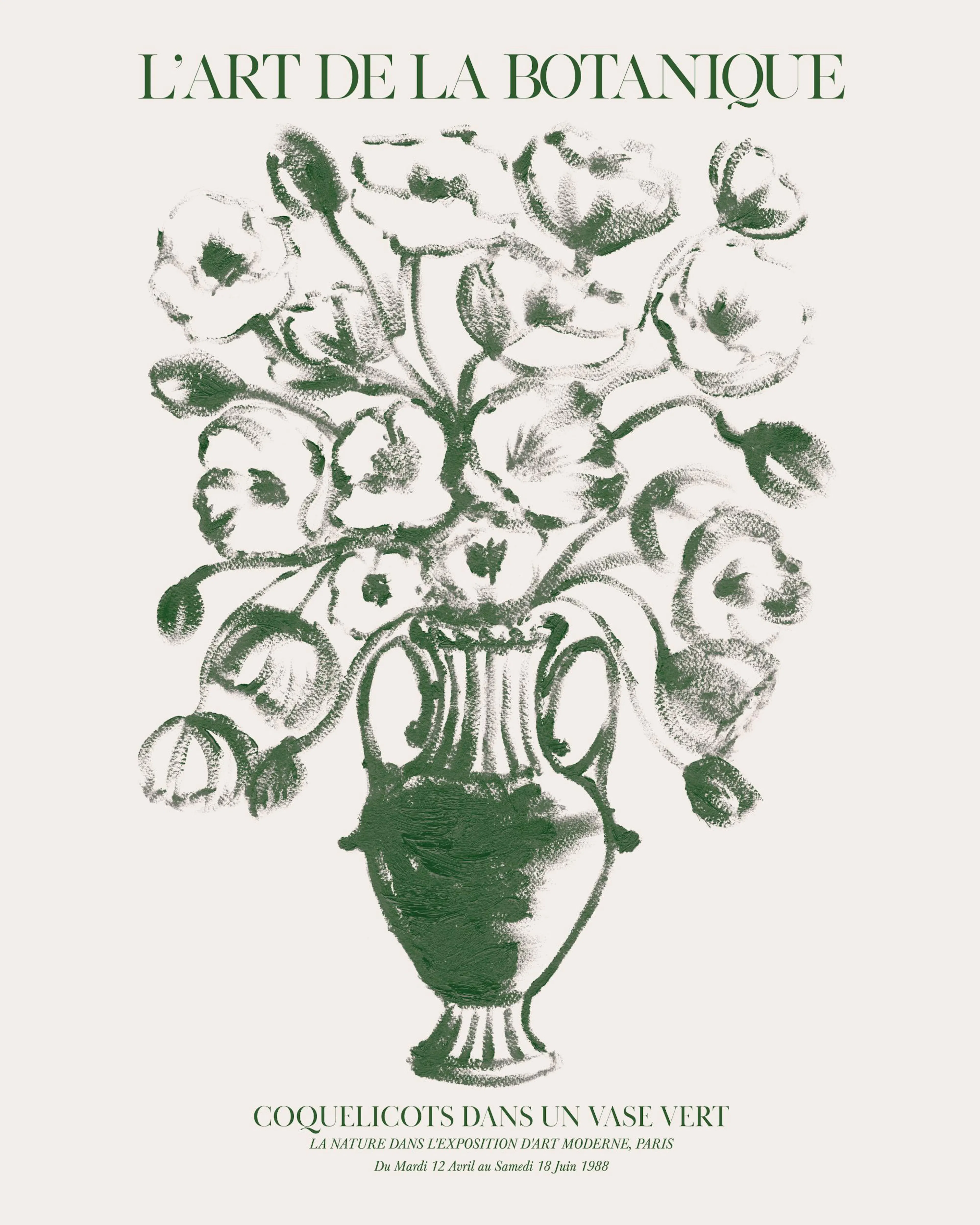 Green vase with green poppy flowers illustration. Botanical art print.