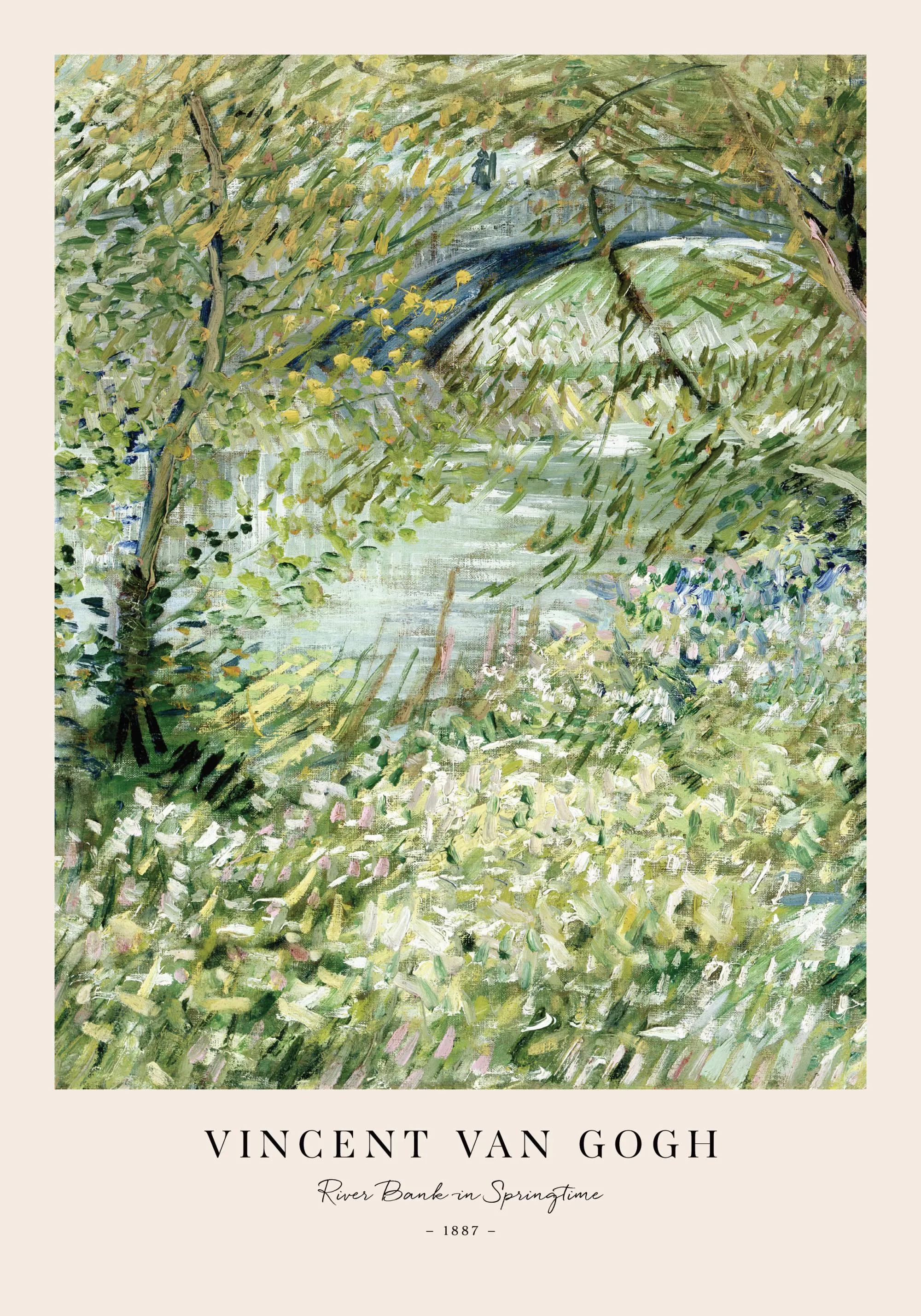 Van Gogh Poster, Flussufer mit Brücke, grünen Bäumen und bunten Blumen, impressionistischer Stil.