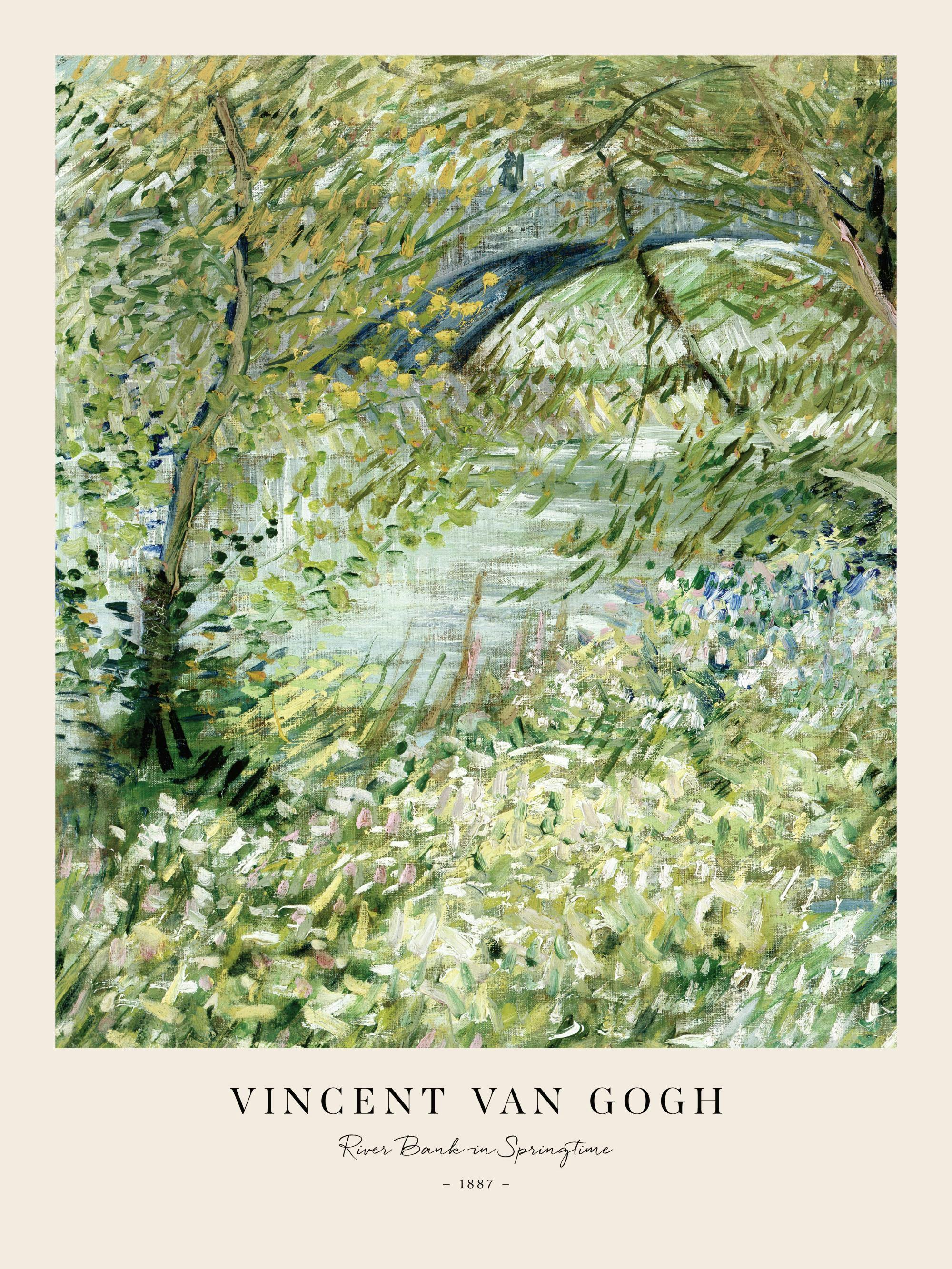 Affiche de Van Gogh, peinture dun jardin vert avec des fleurs et une rivière, style impressionniste.