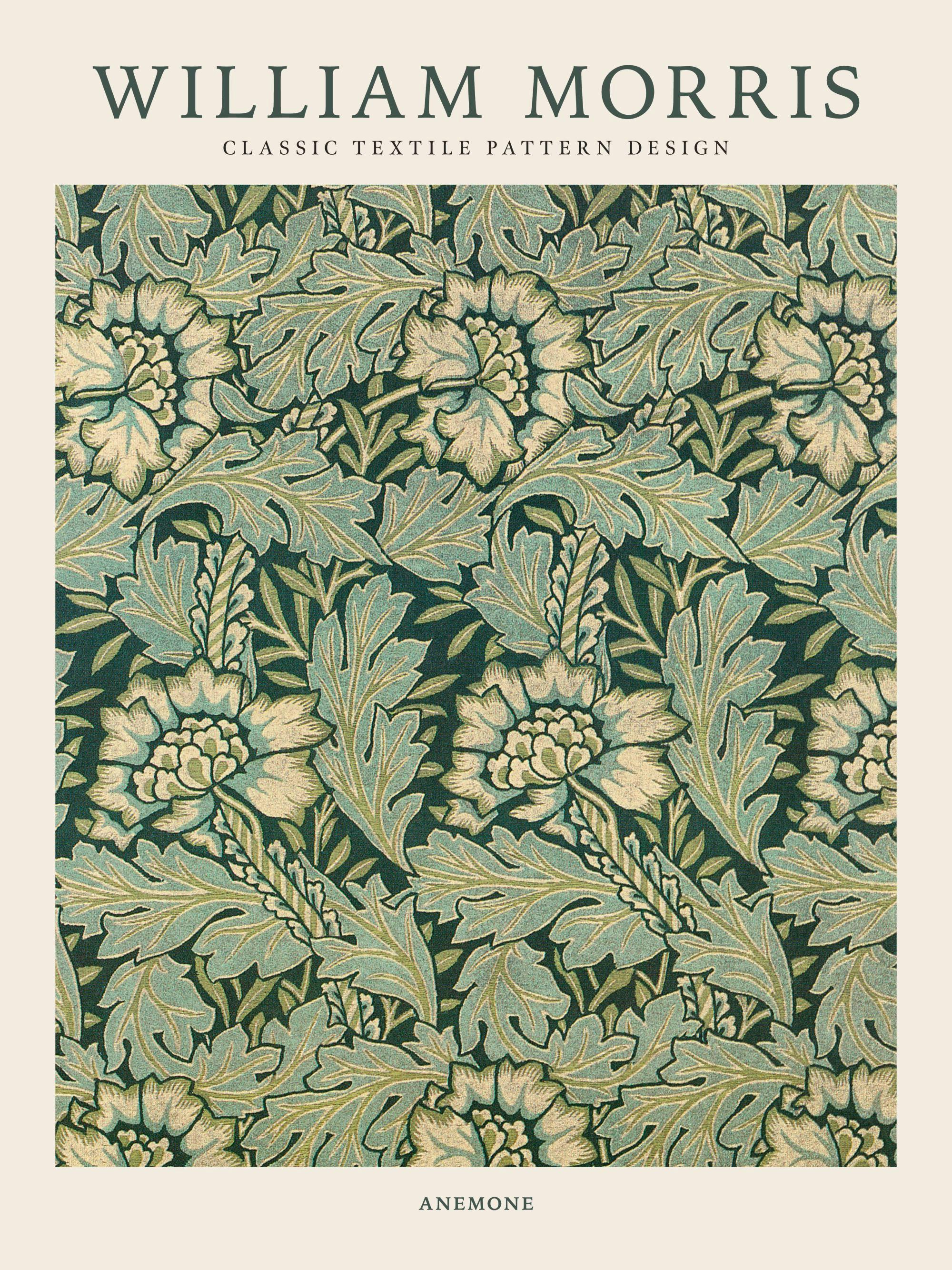 William Morris Anemone poster, dark green and beige floral pattern with ornate leaves and flowers.