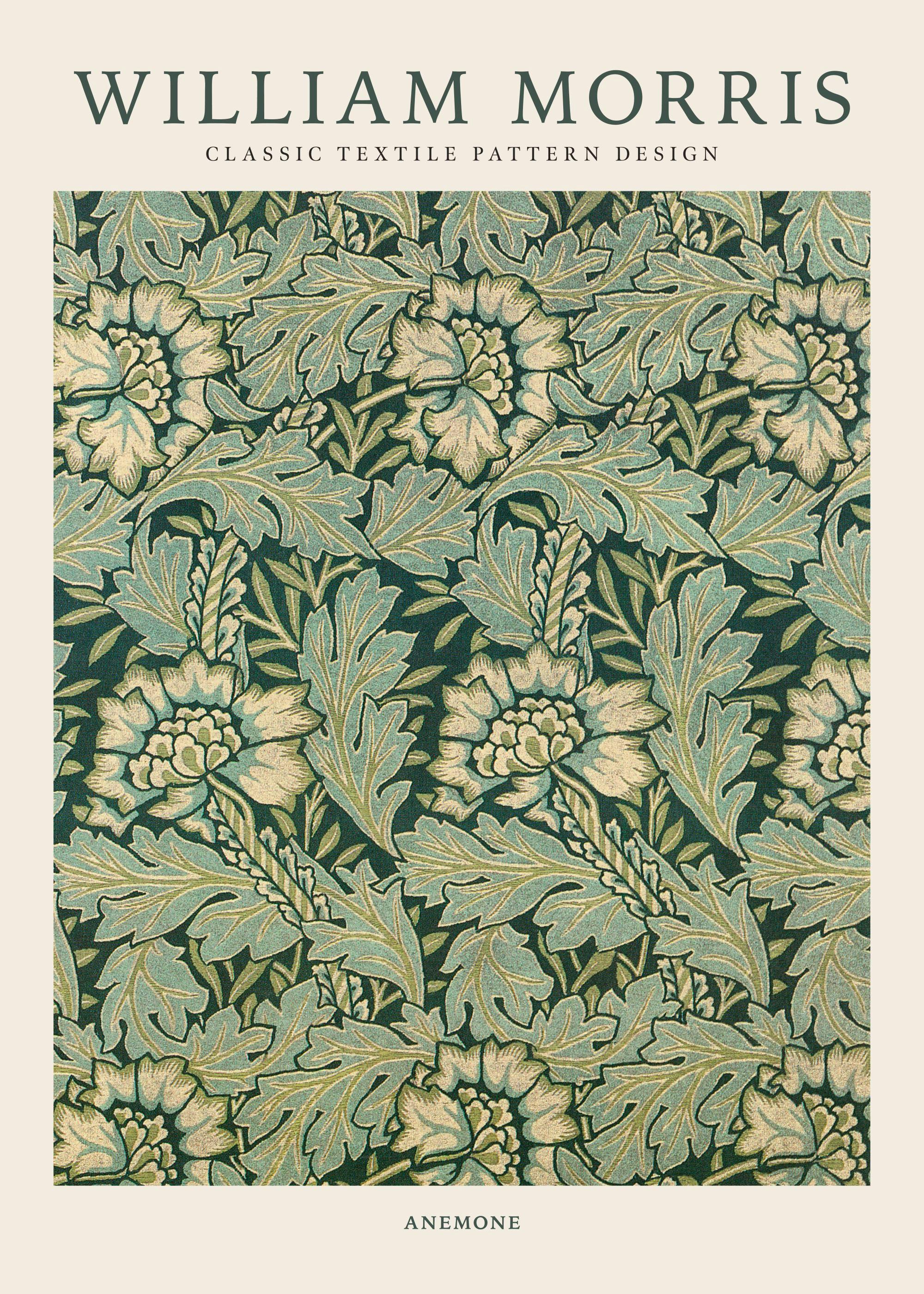 Affiche florale William Morris, motif répétitif danémones vertes et beiges sur fond vert foncé, texture granuleuse.