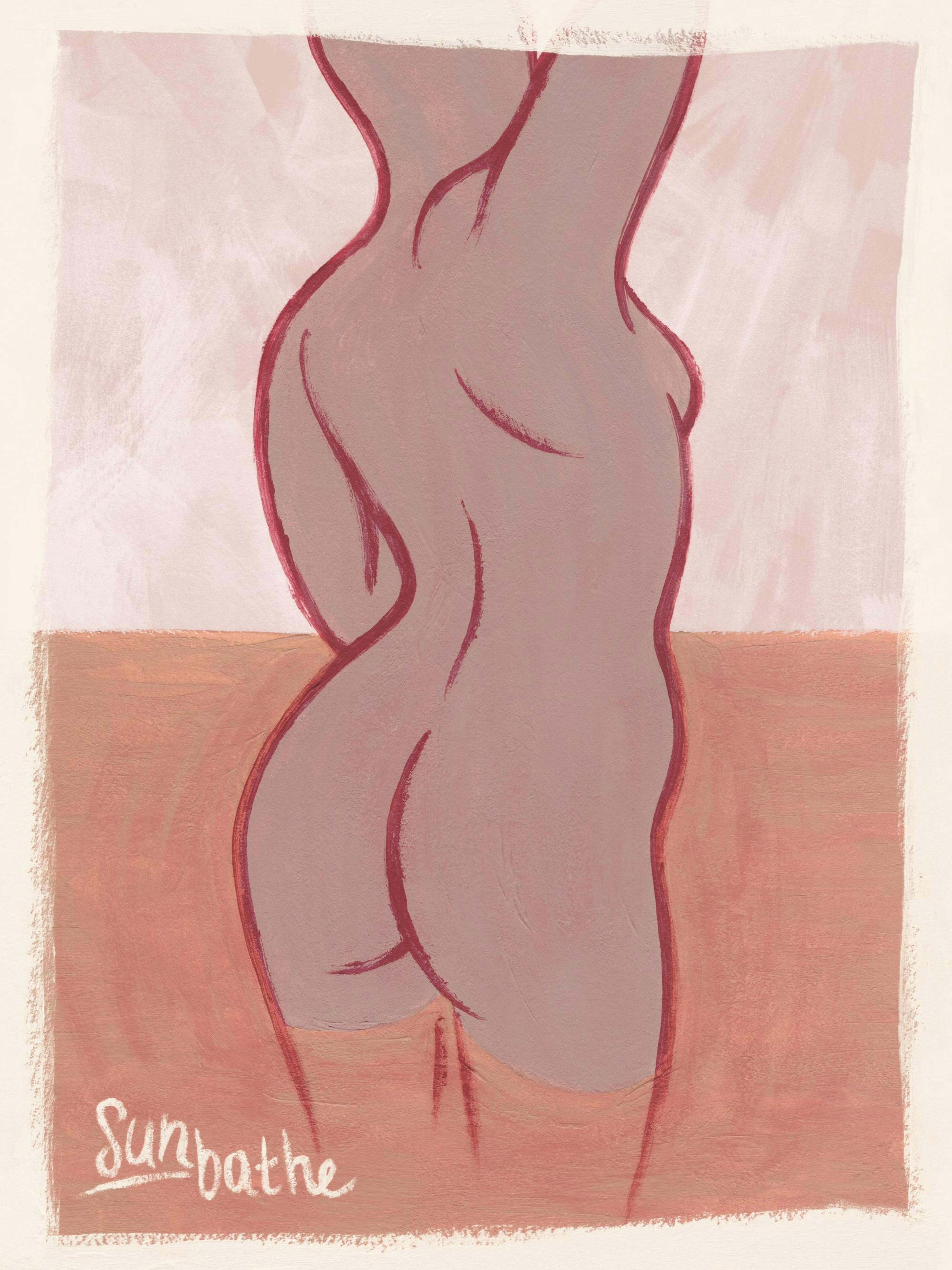 Sunbathe poster with female silhouette in peach and pink, grainy texture