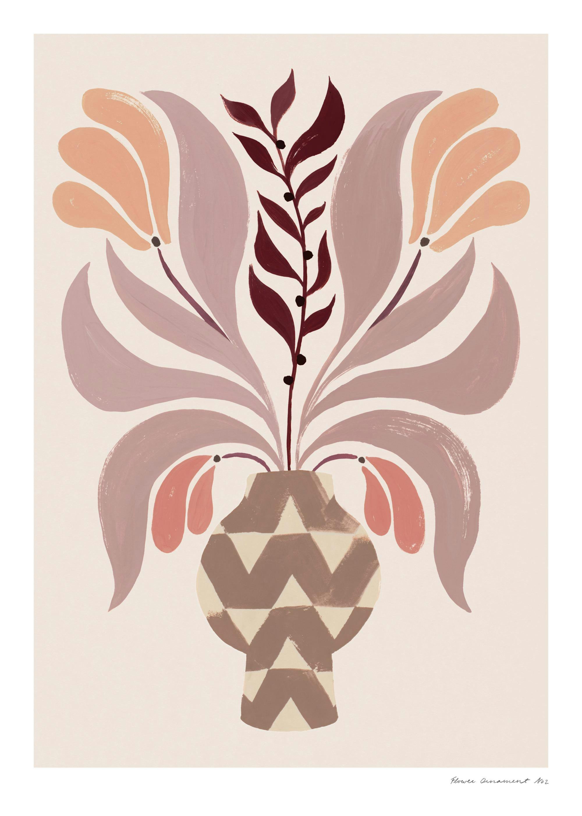 Flower ornament poster with a beige vase and zigzags, featuring elegant flowers in light colors on a beige background.