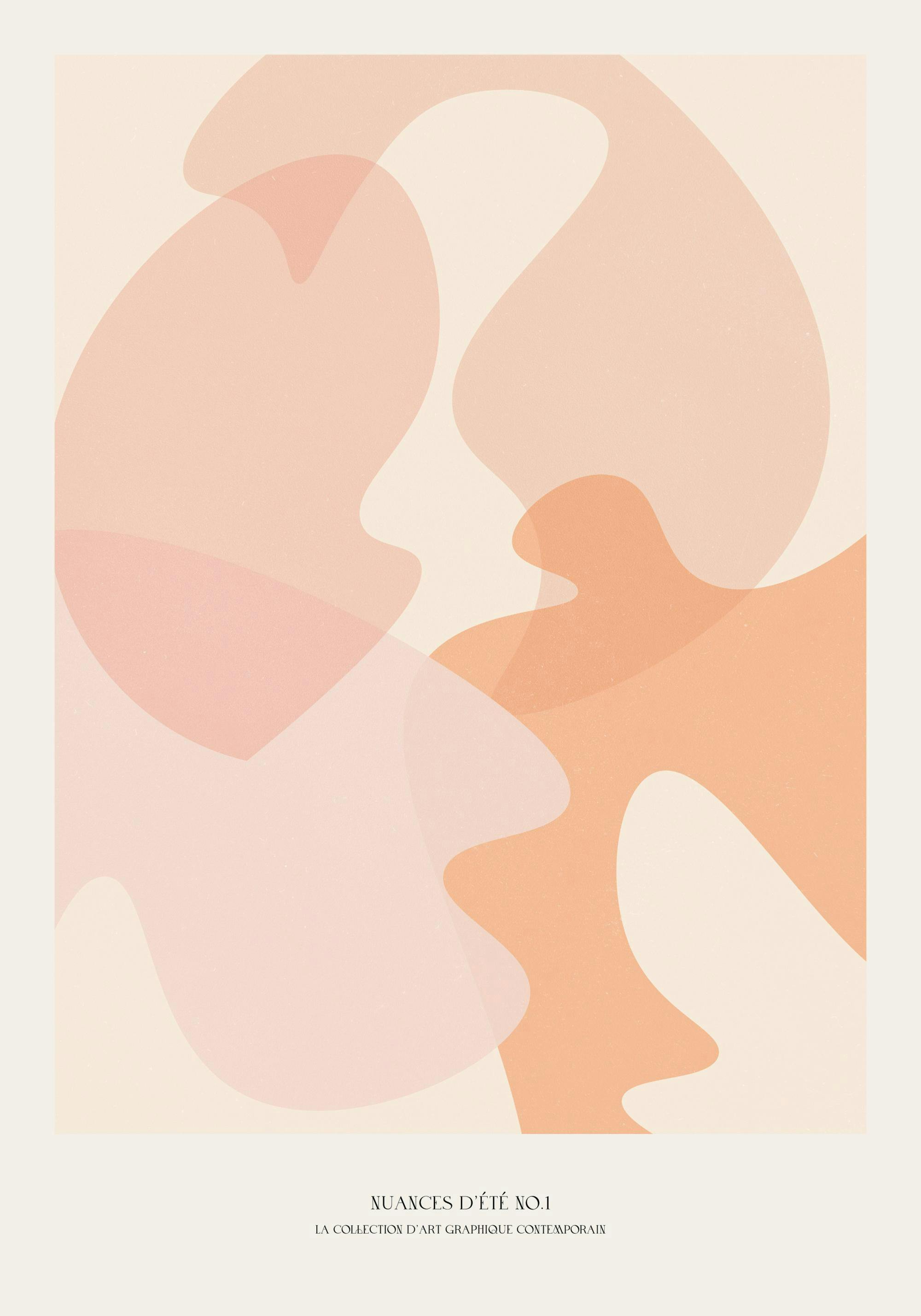 Póster abstracto con formas melocotón y beige, superpuestas con el texto Nuances Dété No1 debajo.