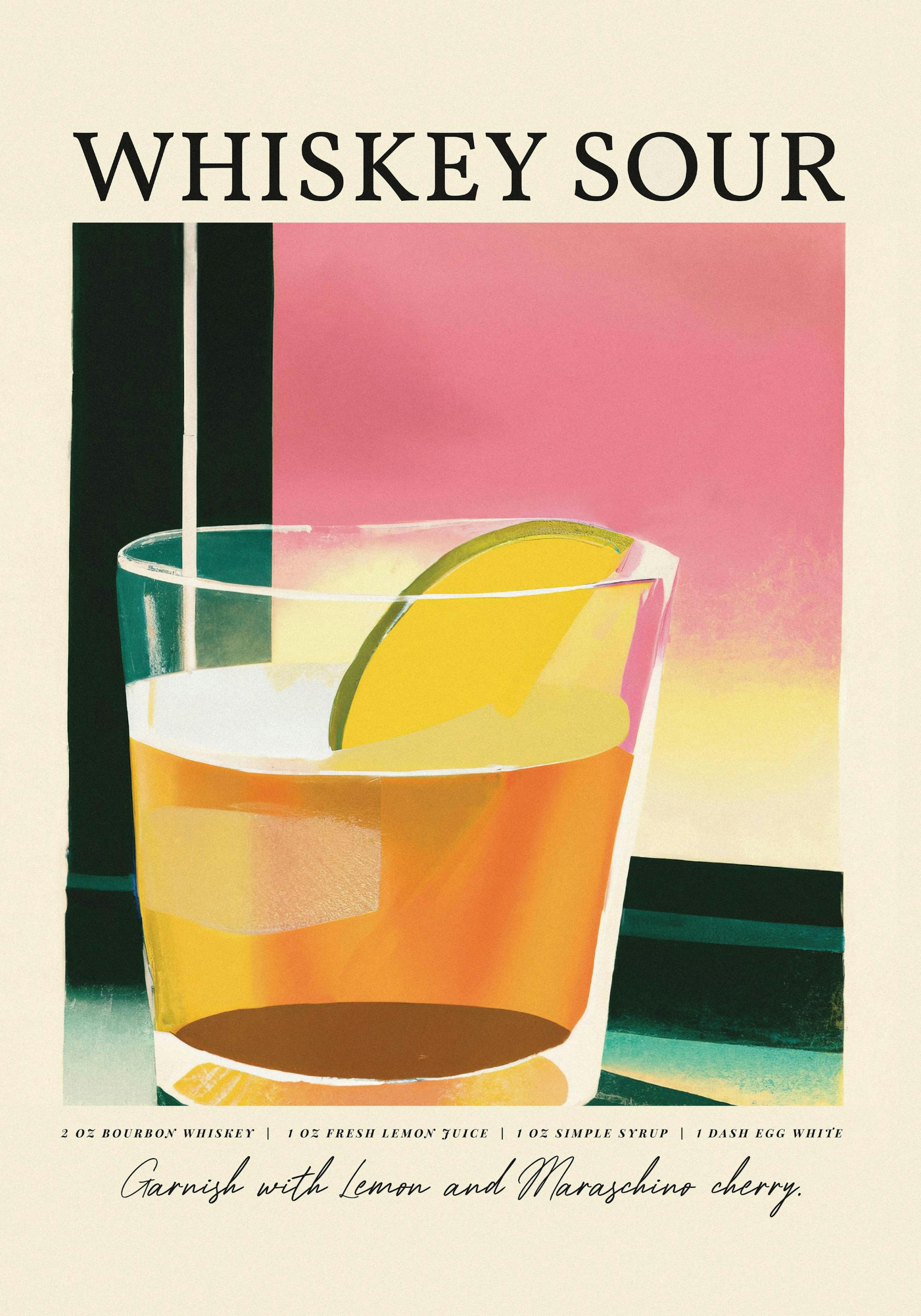 Illustriertes Whiskey Sour Cocktail-Poster mit Zitronenscheibe, rosa Hintergrund und Rezepttext, Bar-Kunst.