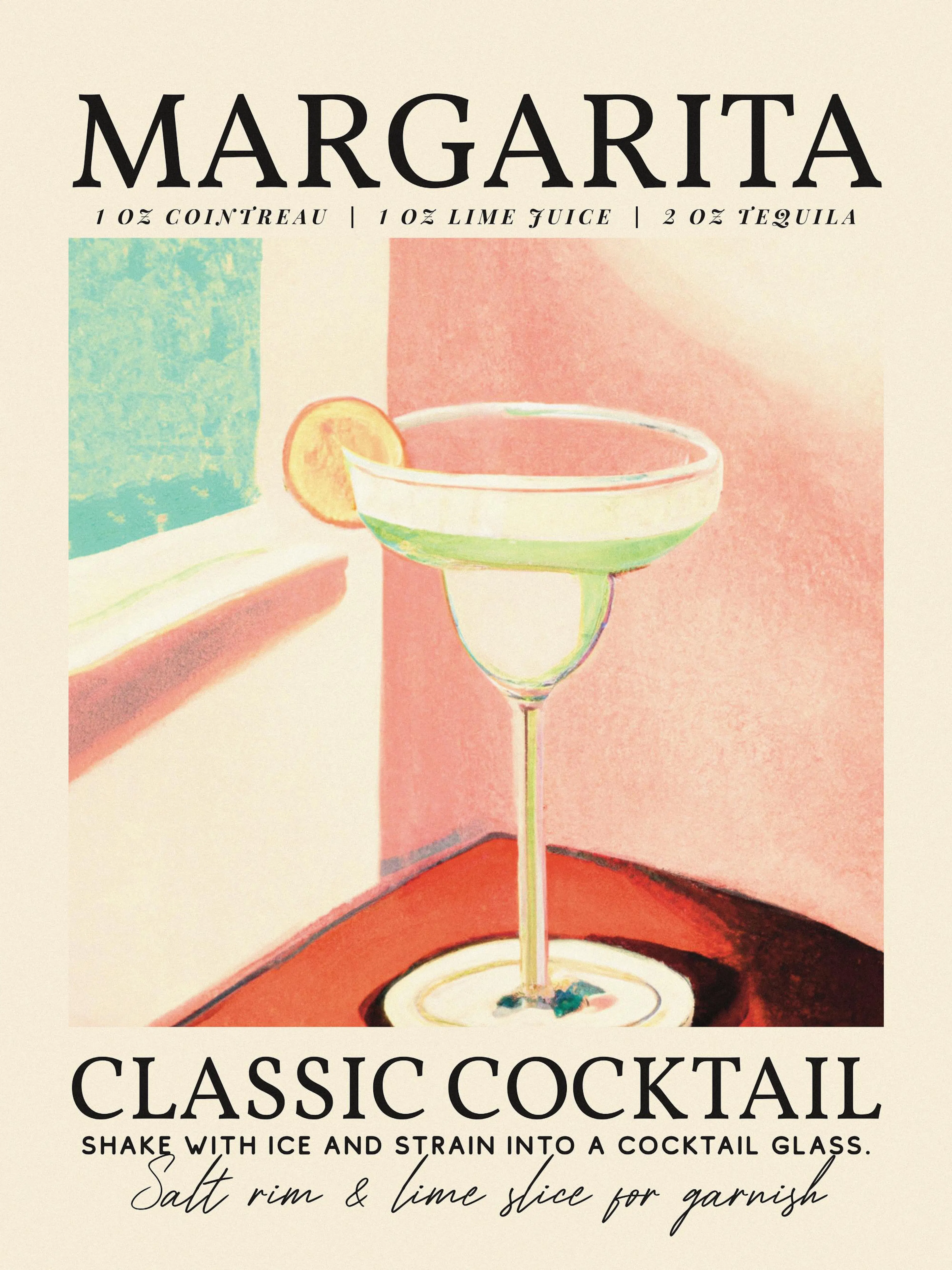 Affiche Margarita Classic Cocktail, illustration dun verre avec texte et typographie