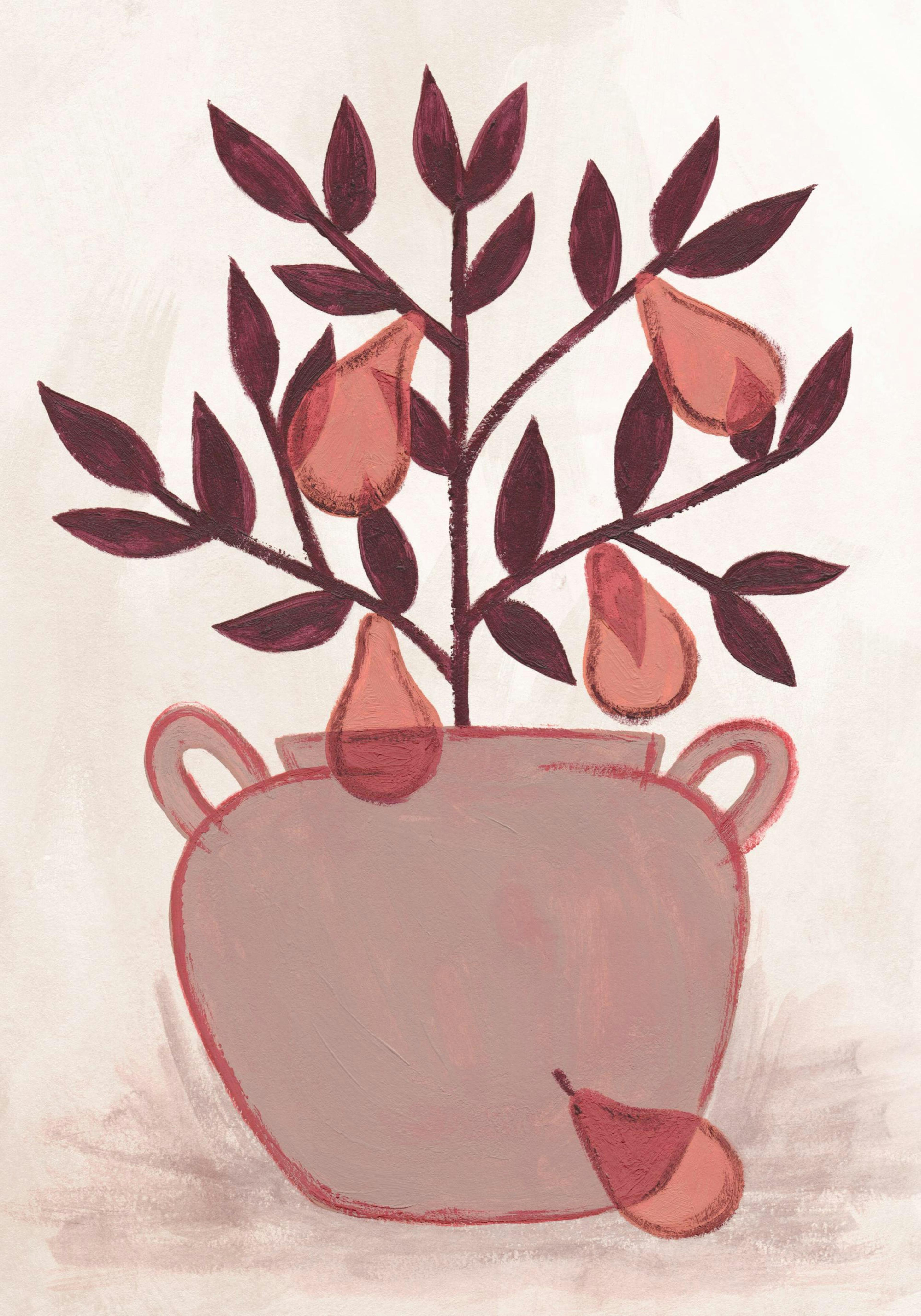 Päronväxtposter med päron i en beige vas, konst i lugnande rosa färger perfekt för kök eller matsal.