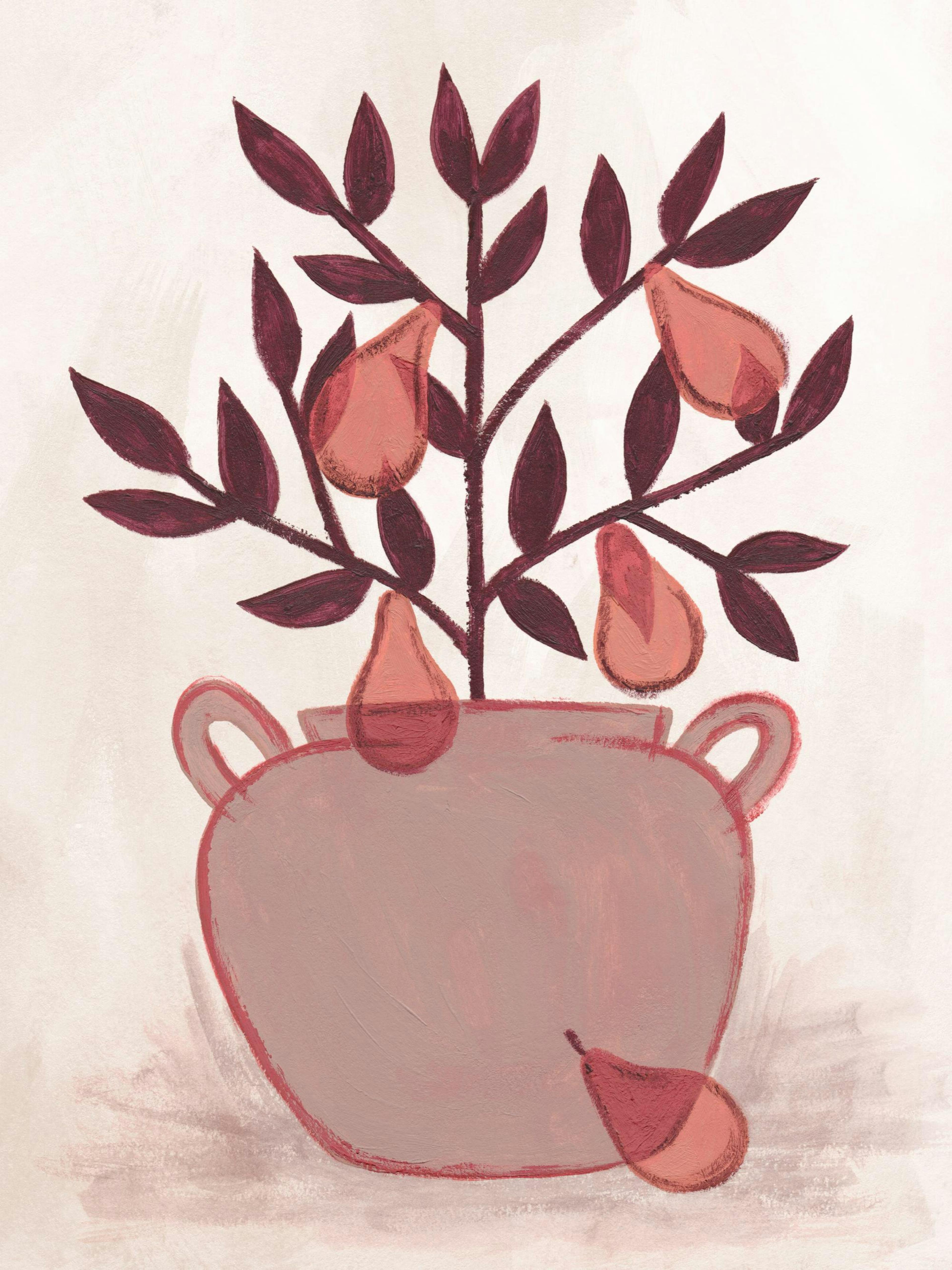 Beige vase with a pear plant featuring pink pears and maroon leaves, in a painted art style.