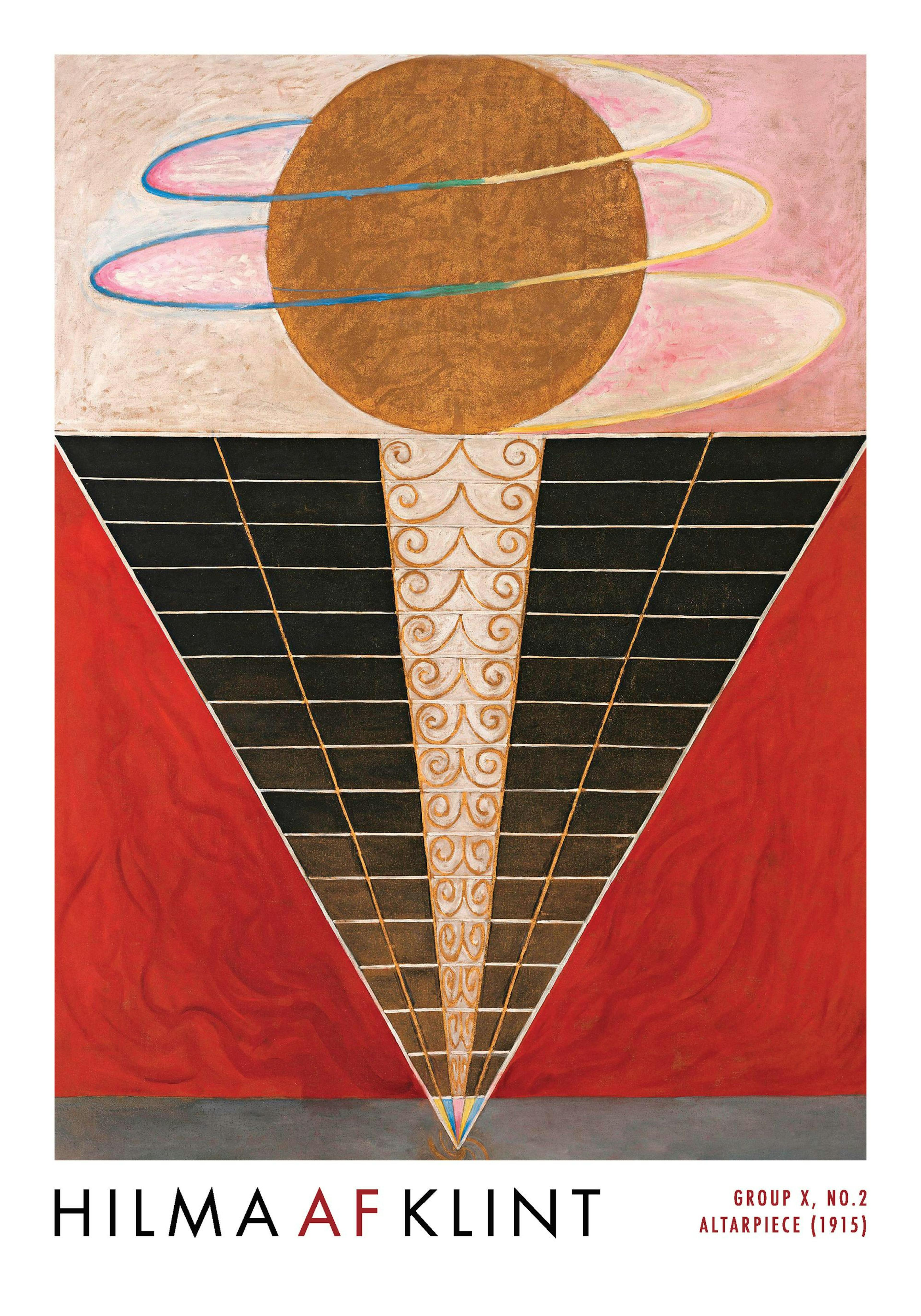 Hilma af Klint, Adulthood: formas abstractas en rojo, negro, rosa y marrón, con un círculo dorado y motivos en espiral.