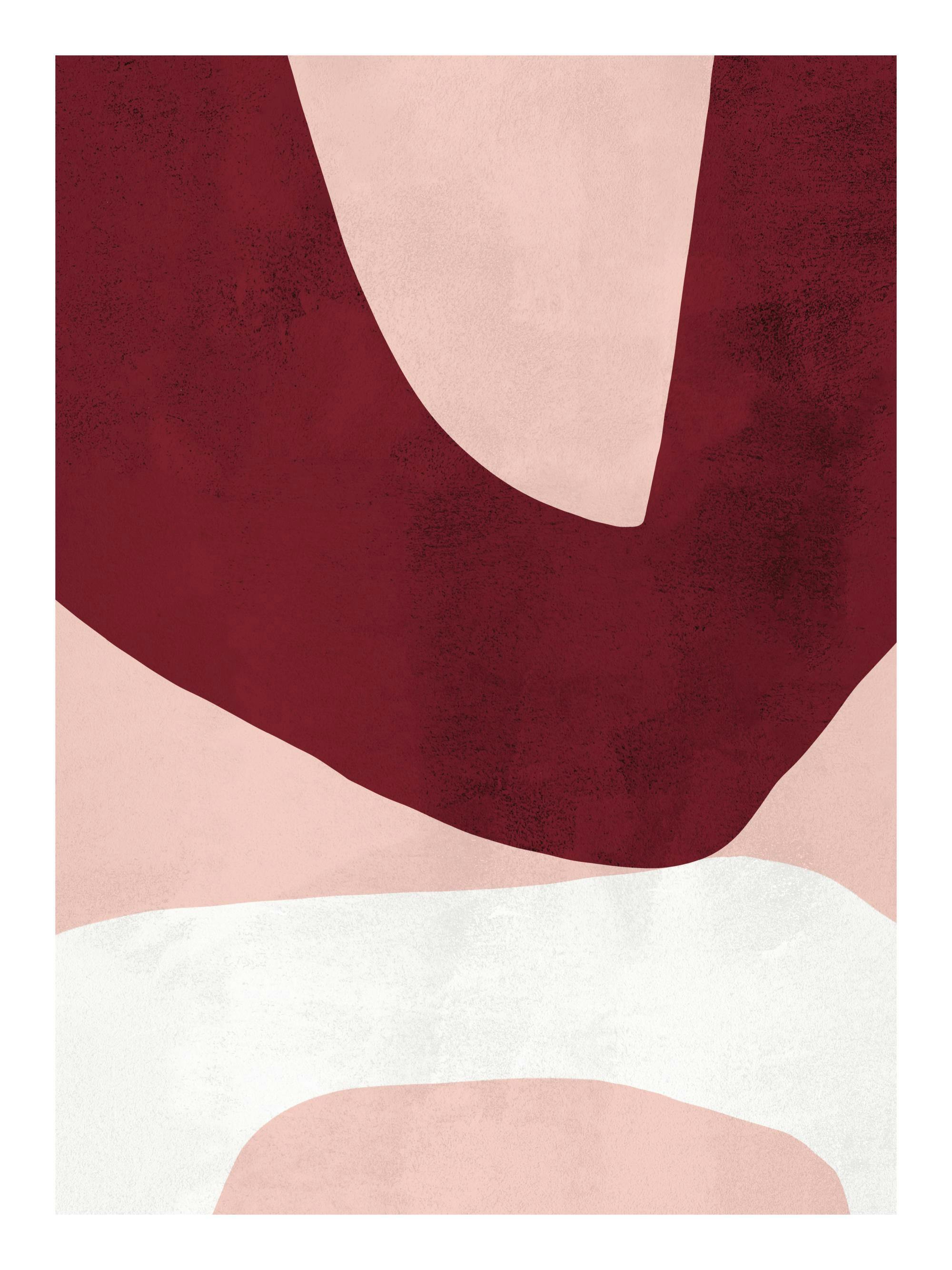 Grafisk poster med asymmetriska former i vinrött, vitt och rosa för en modern heminredning.