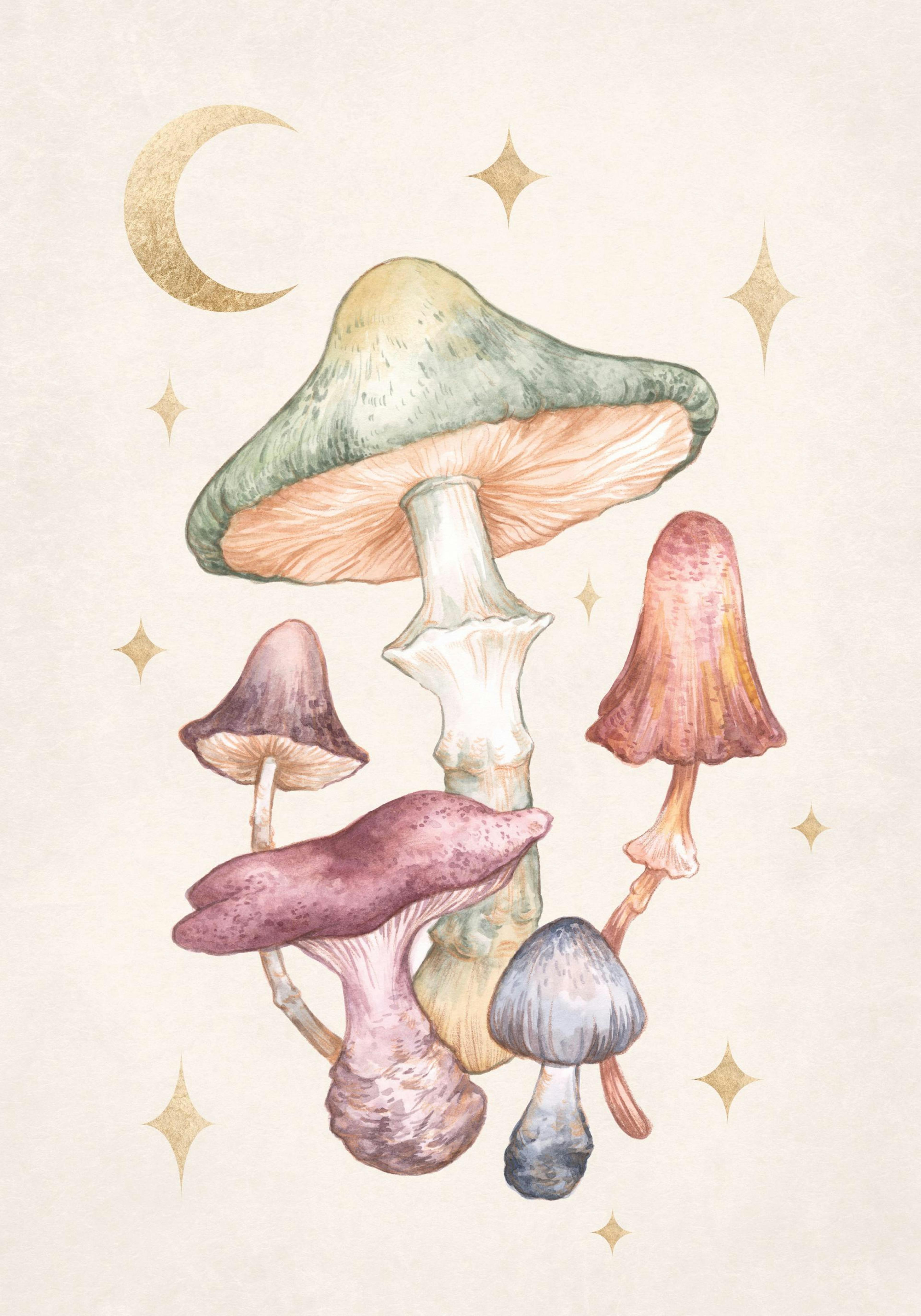 Póster de acuarela con setas de colores tenues, luna creciente dorada y estrellas, ideal para decoración de pared.