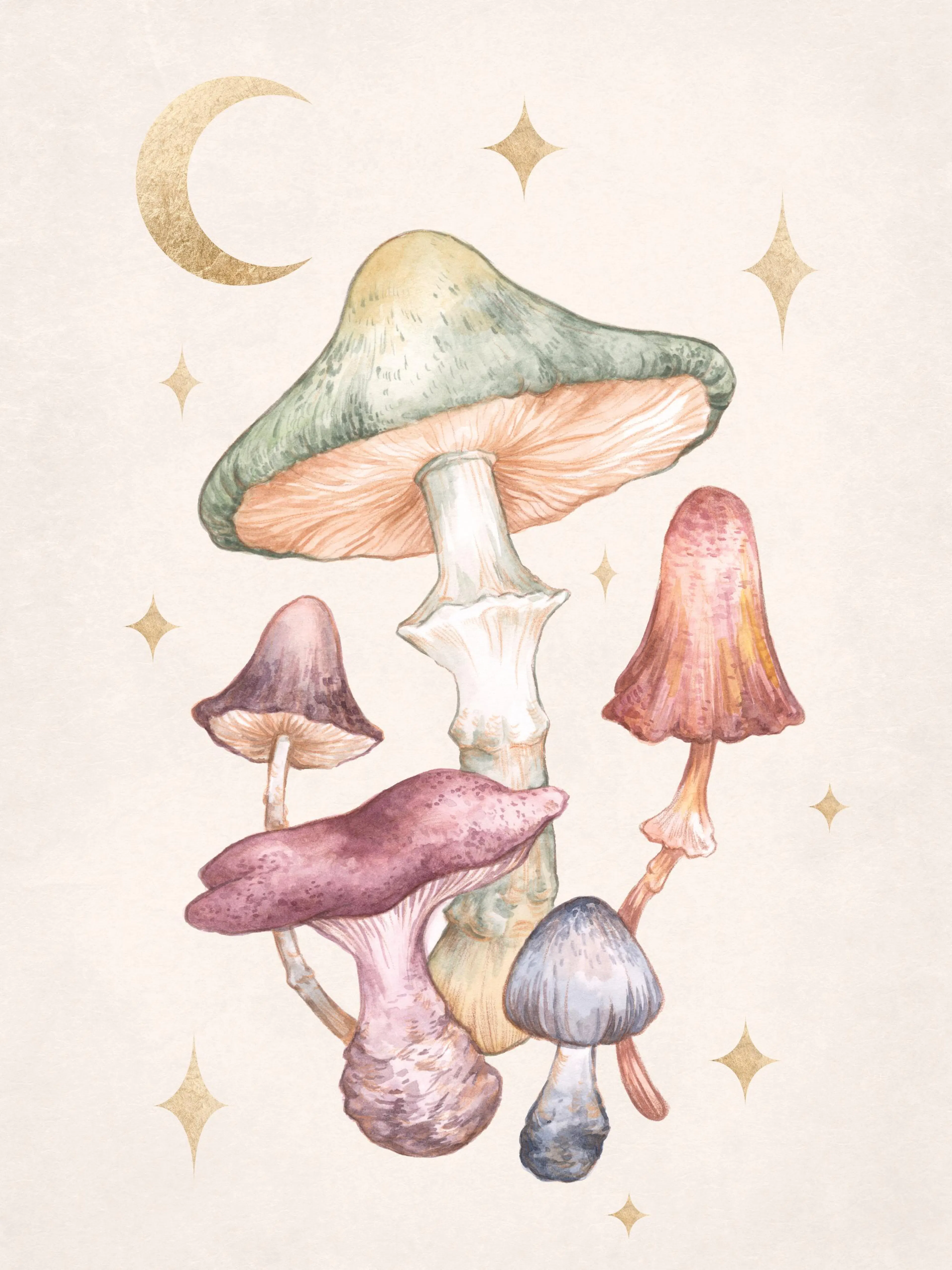Póster de acuarela con setas de colores tenues, luna creciente dorada y estrellas, ideal para decoración de pared.