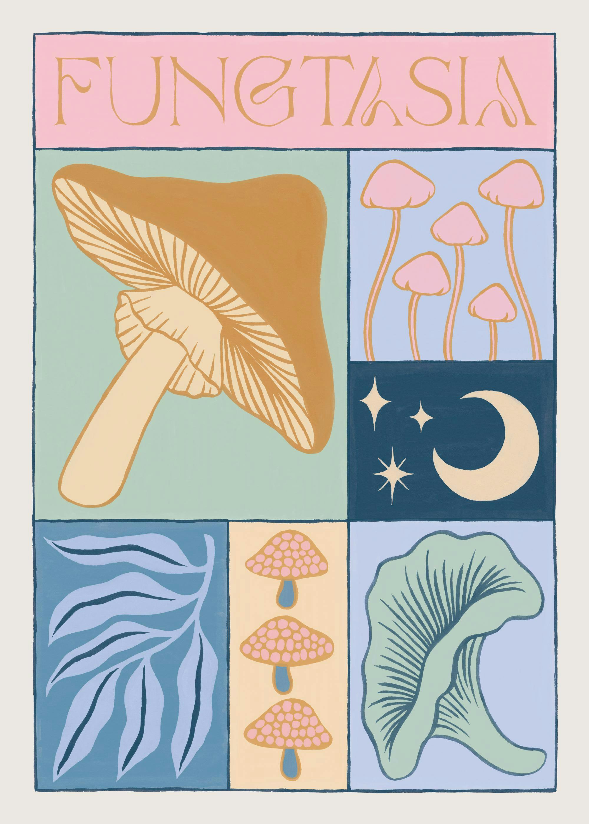 Fungtasia colorful mushroom print with moon and stars, a vibrant poster for kids or gallery wall.