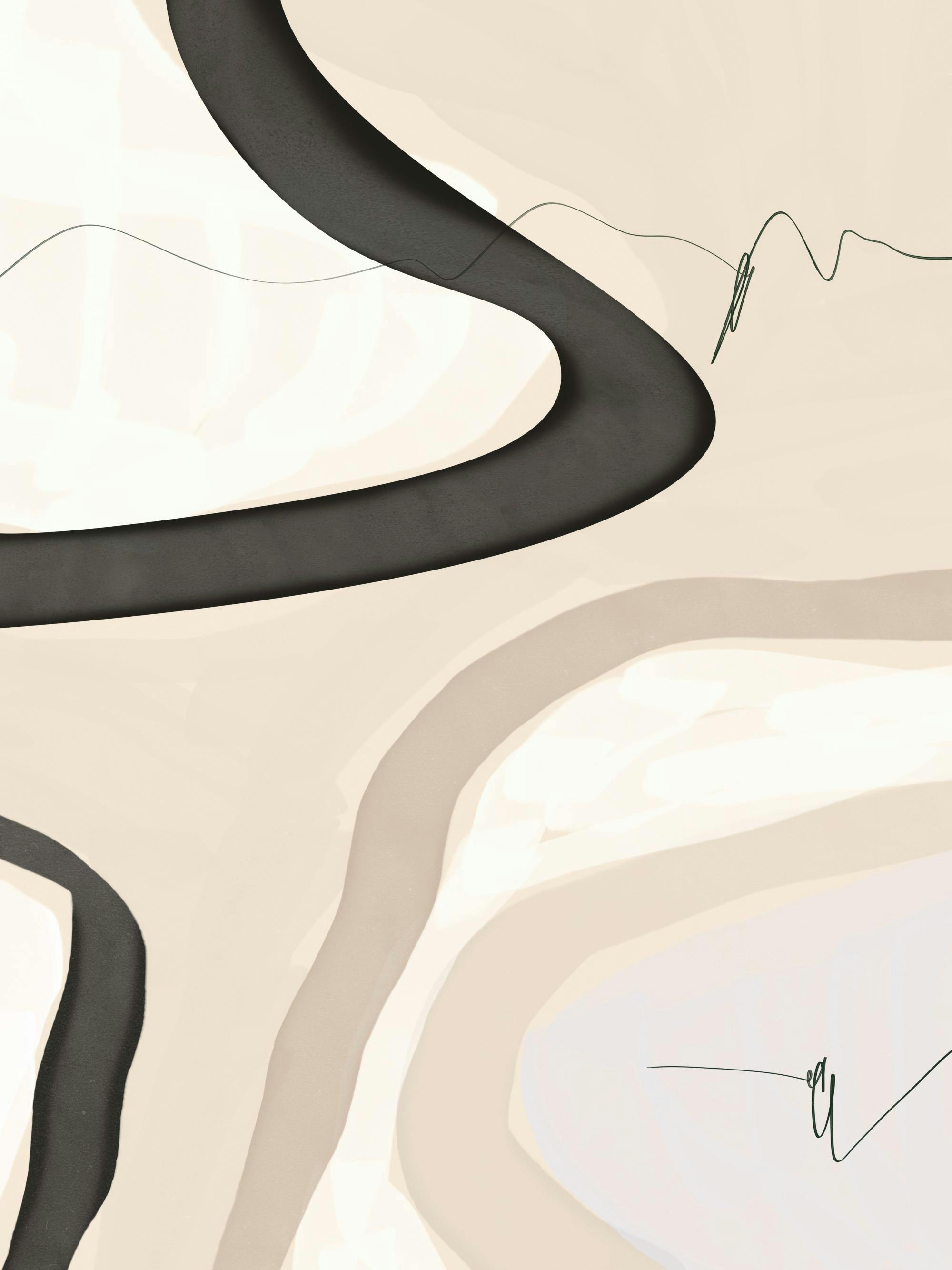 Abstract shapes poster print with flowing black lines and earthy tones on a light background. Modern art print.