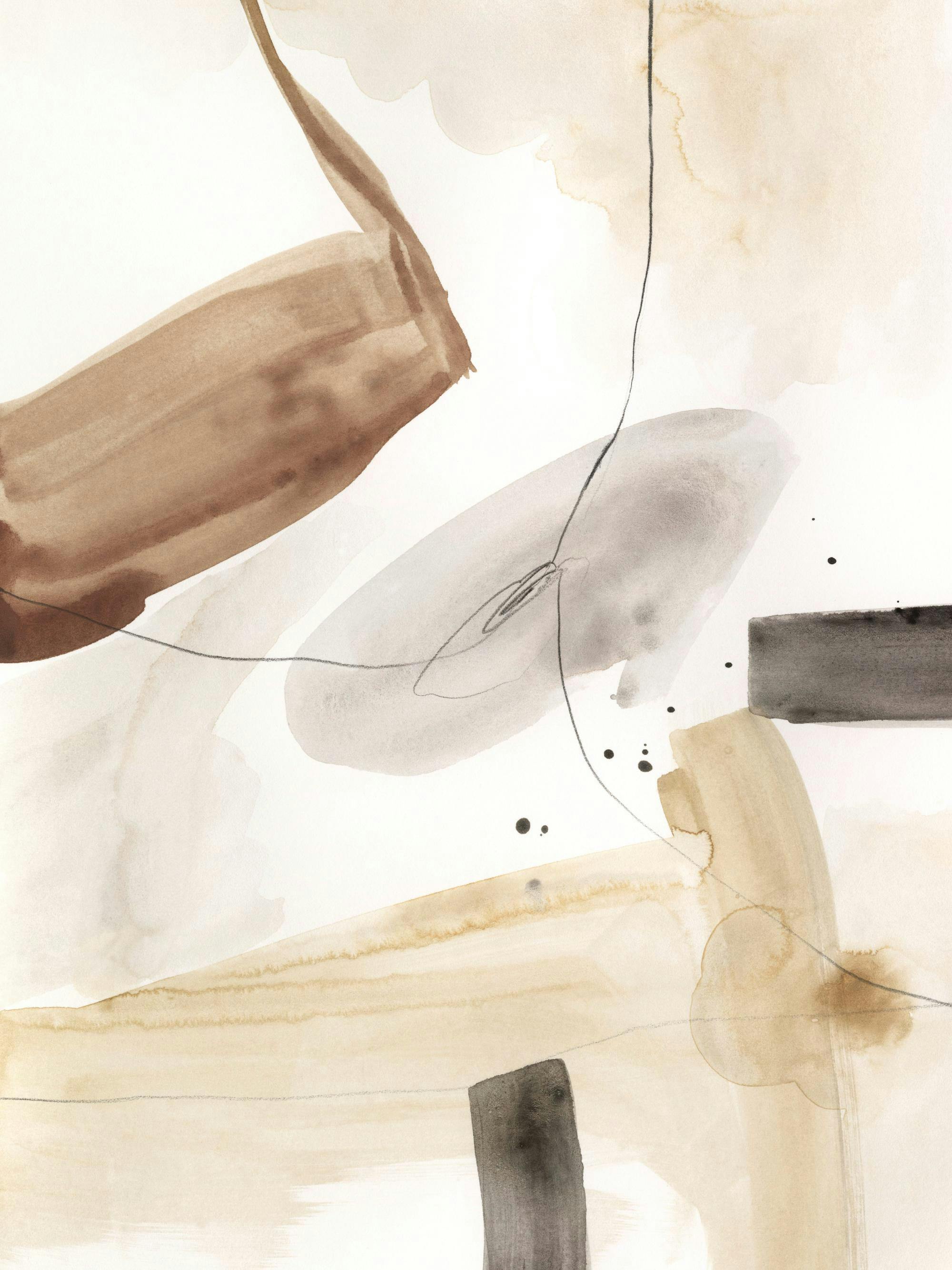 Abstract watercolor print with beige, brown, and grey shapes, lines, and subtle black splatters on white background.