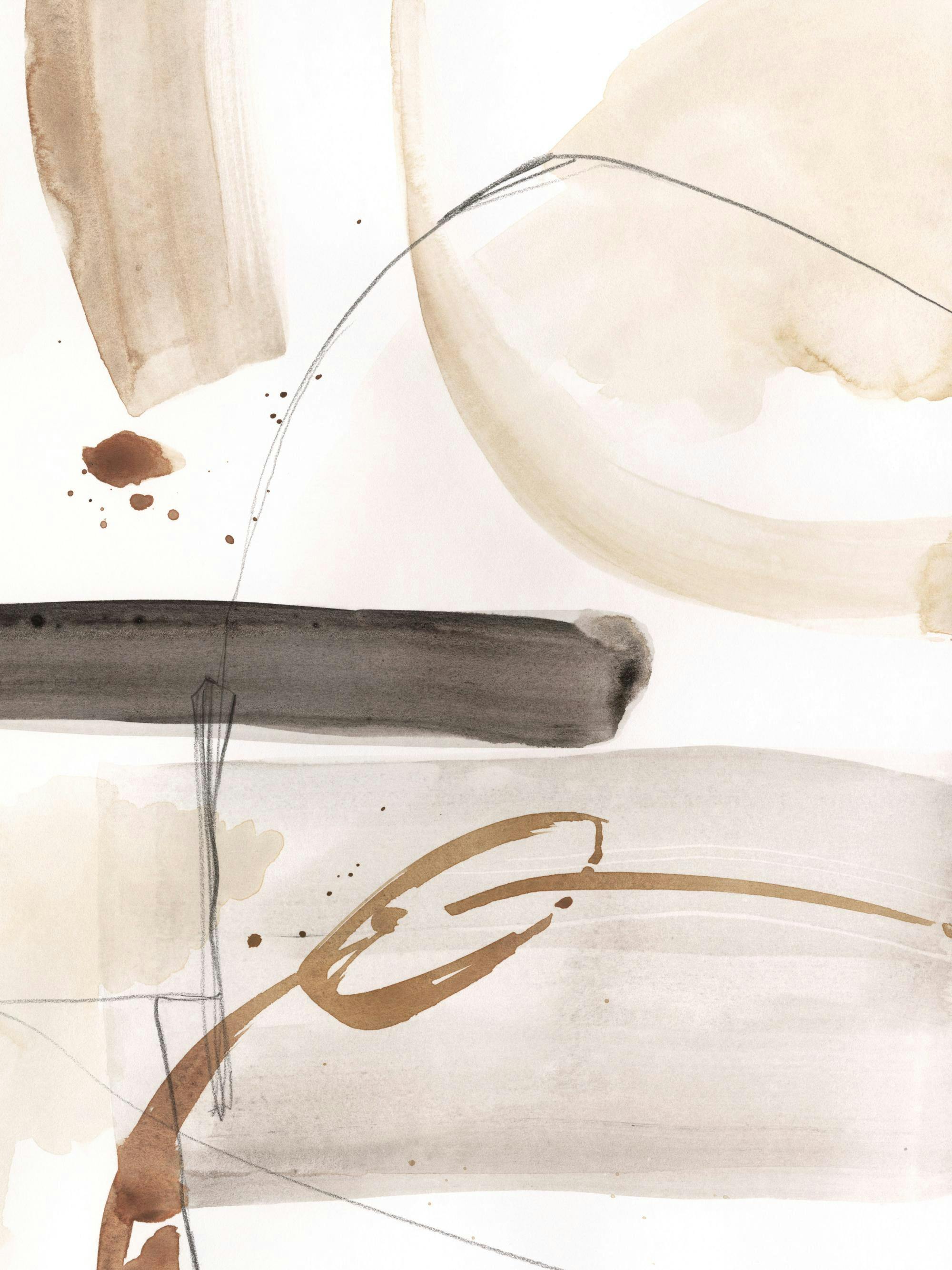 Abstraktes Aquarellposter mit beigen, braunen und grauen Pinselstrichen und schwarzen Linien, minimalistisches Design.