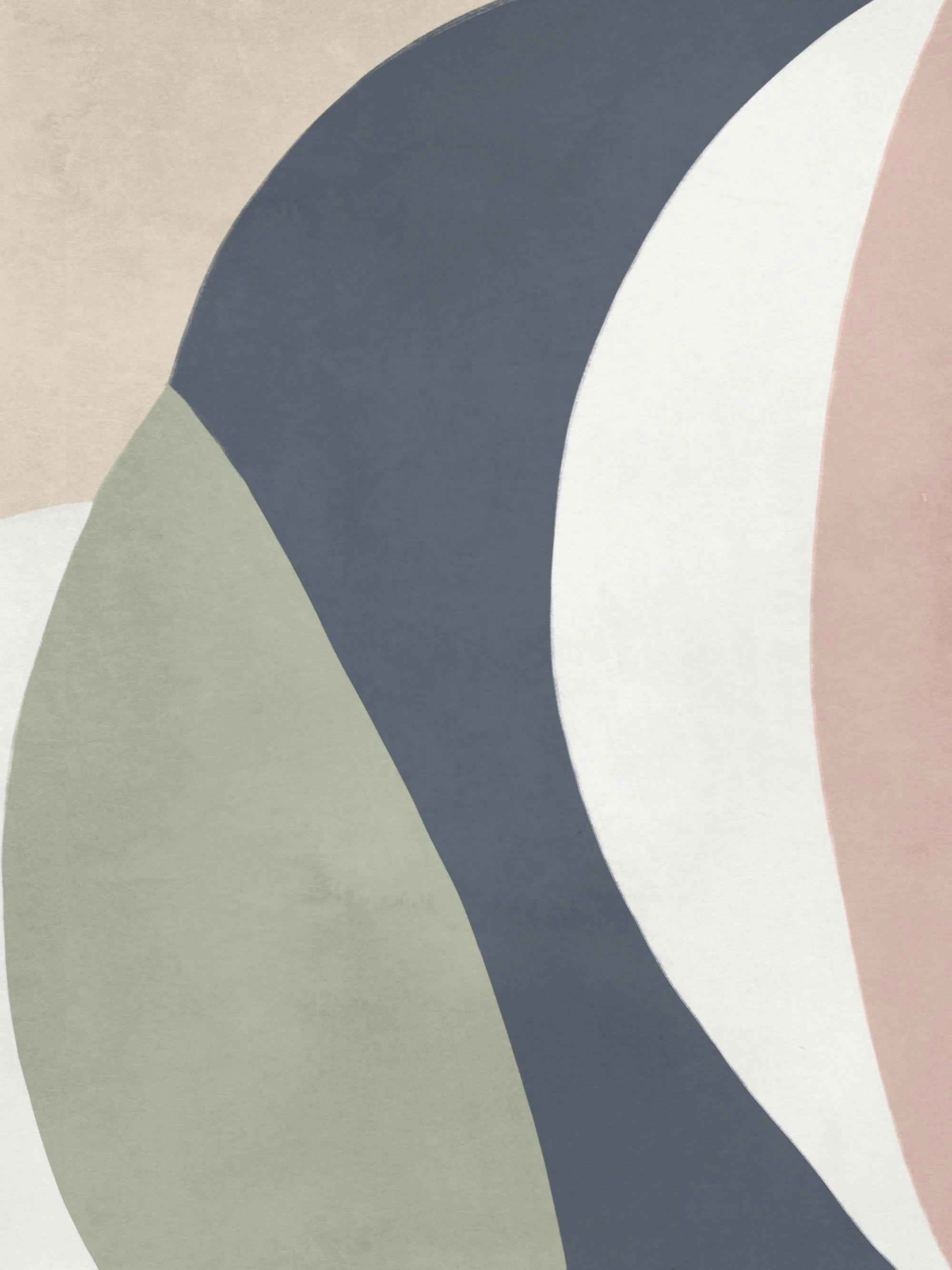 Abstrakti juliste pehmeillä muodoilla, hillityillä sinisen, vihreän, vaaleanpunaisen, beigen ja valkoisen sävyillä.