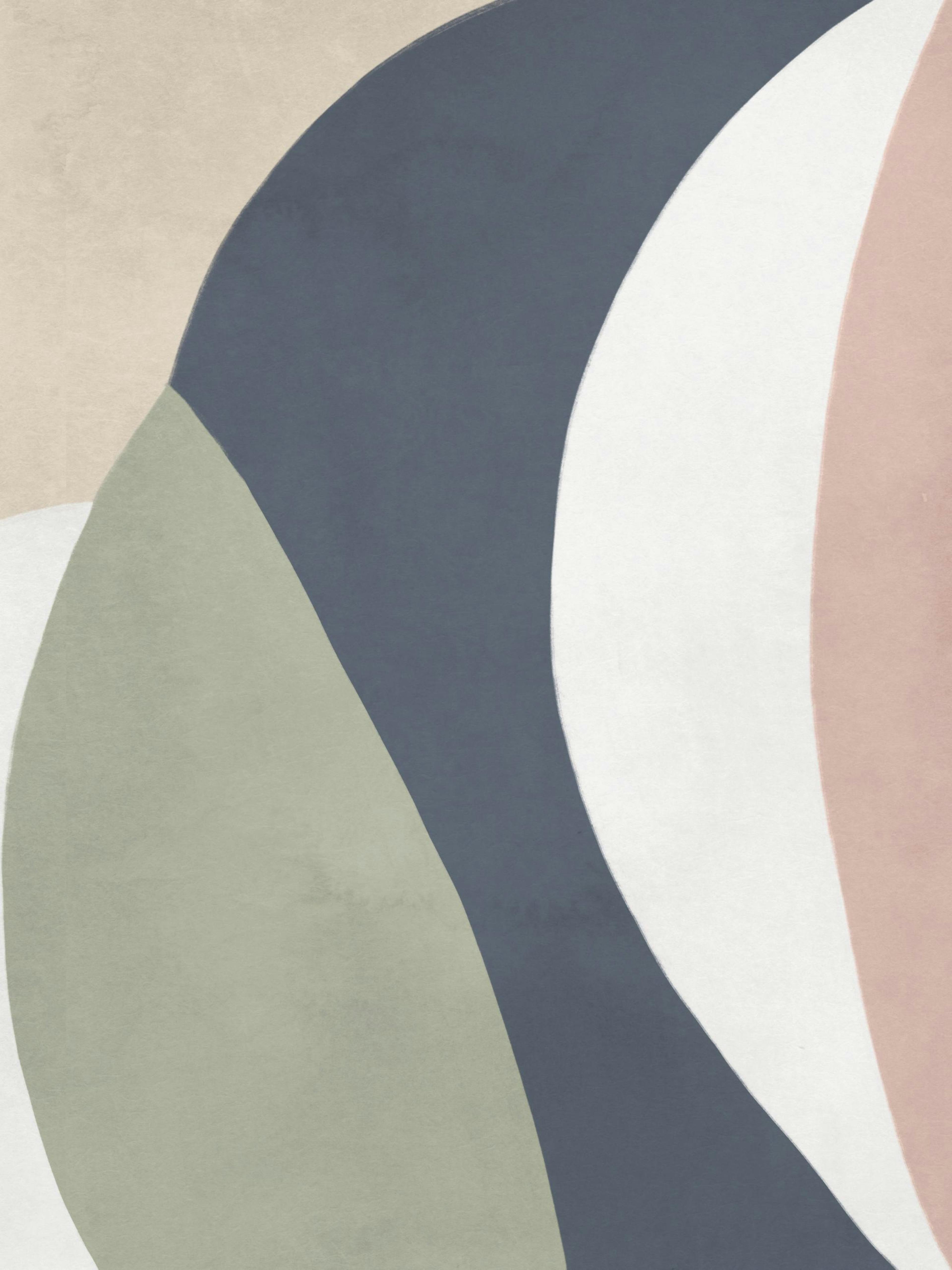 Soft Shapes No2 print poster with muted blue, green, pink, beige, and white abstract shapes.