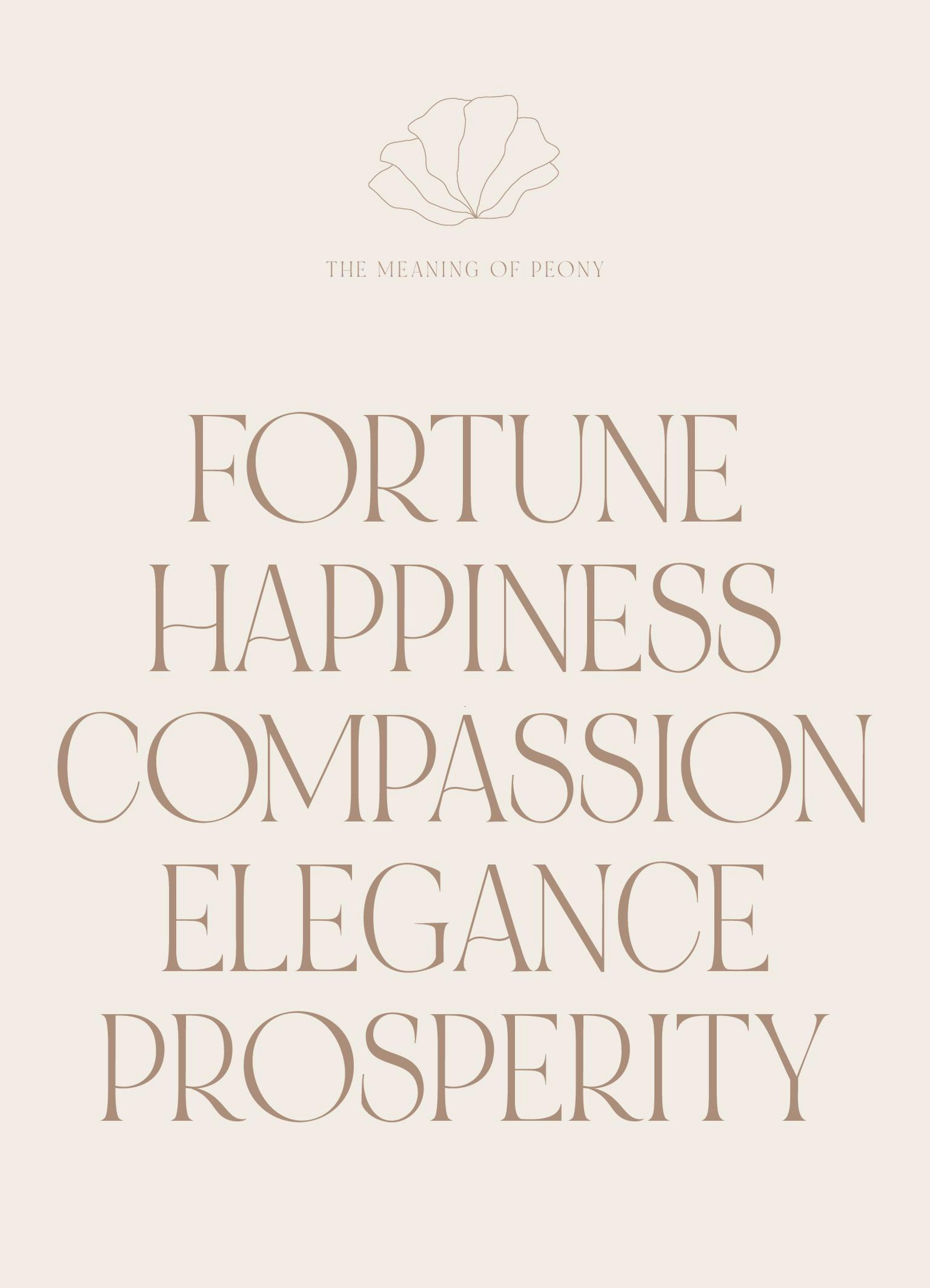 Poster met The Meaning of Peony en woorden als Fortune, Happiness, Compassion, Elegance, Prosperity in bruine letters op beige a