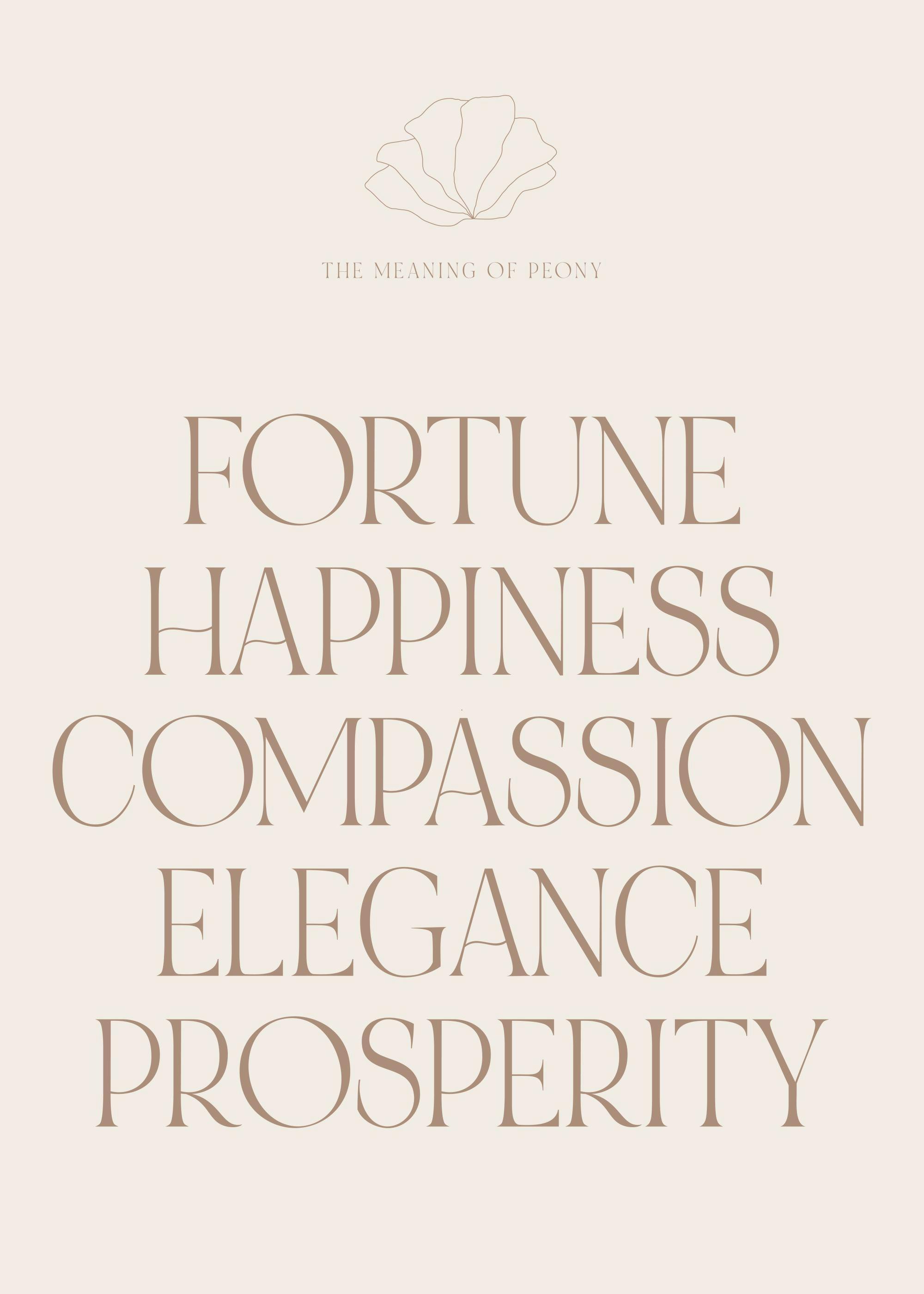 Poster met The Meaning of Peony en woorden als Fortune, Happiness, Compassion, Elegance, Prosperity in bruine letters op beige a
